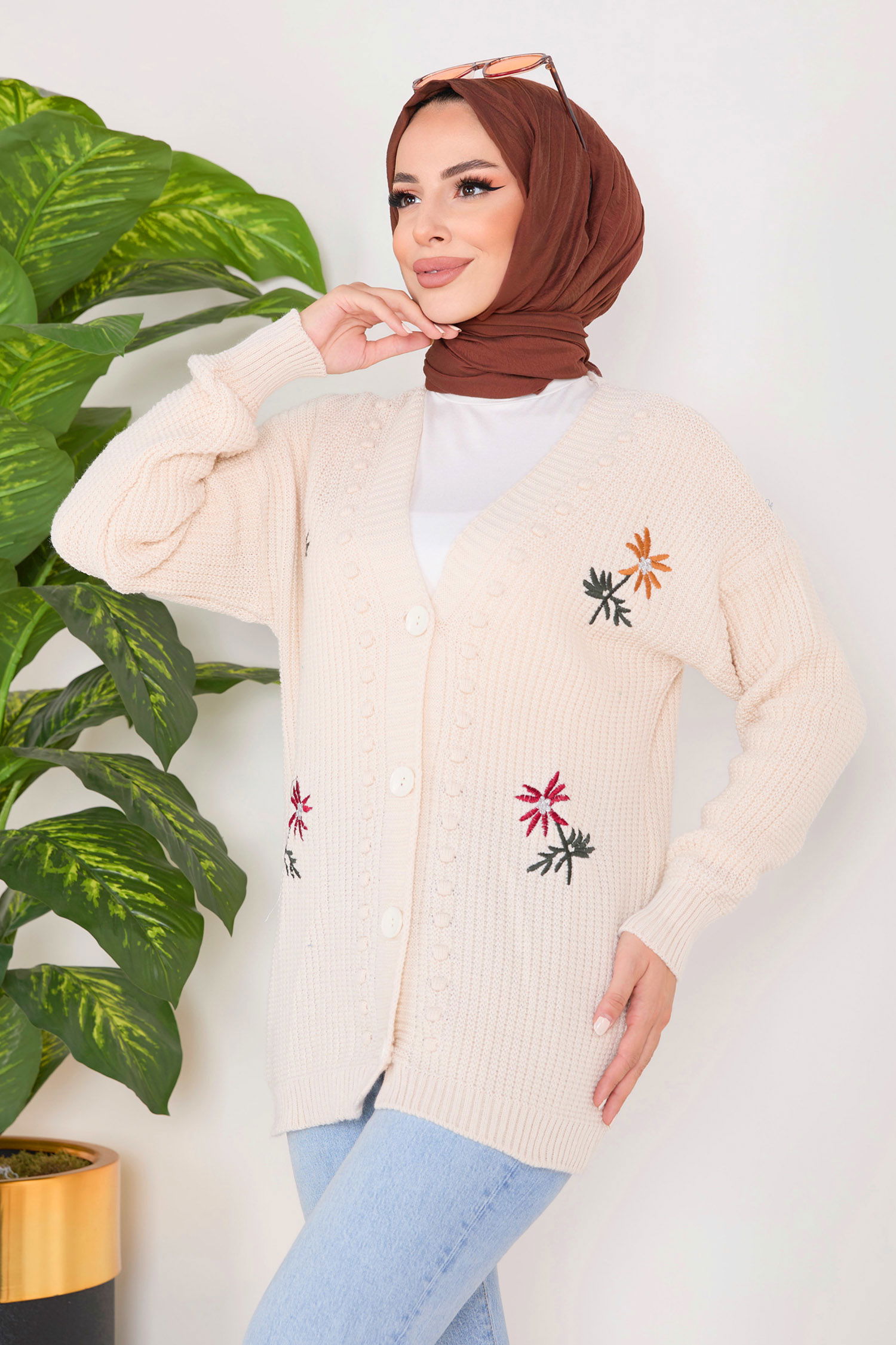 23088-KREM Triko Hırka - 2