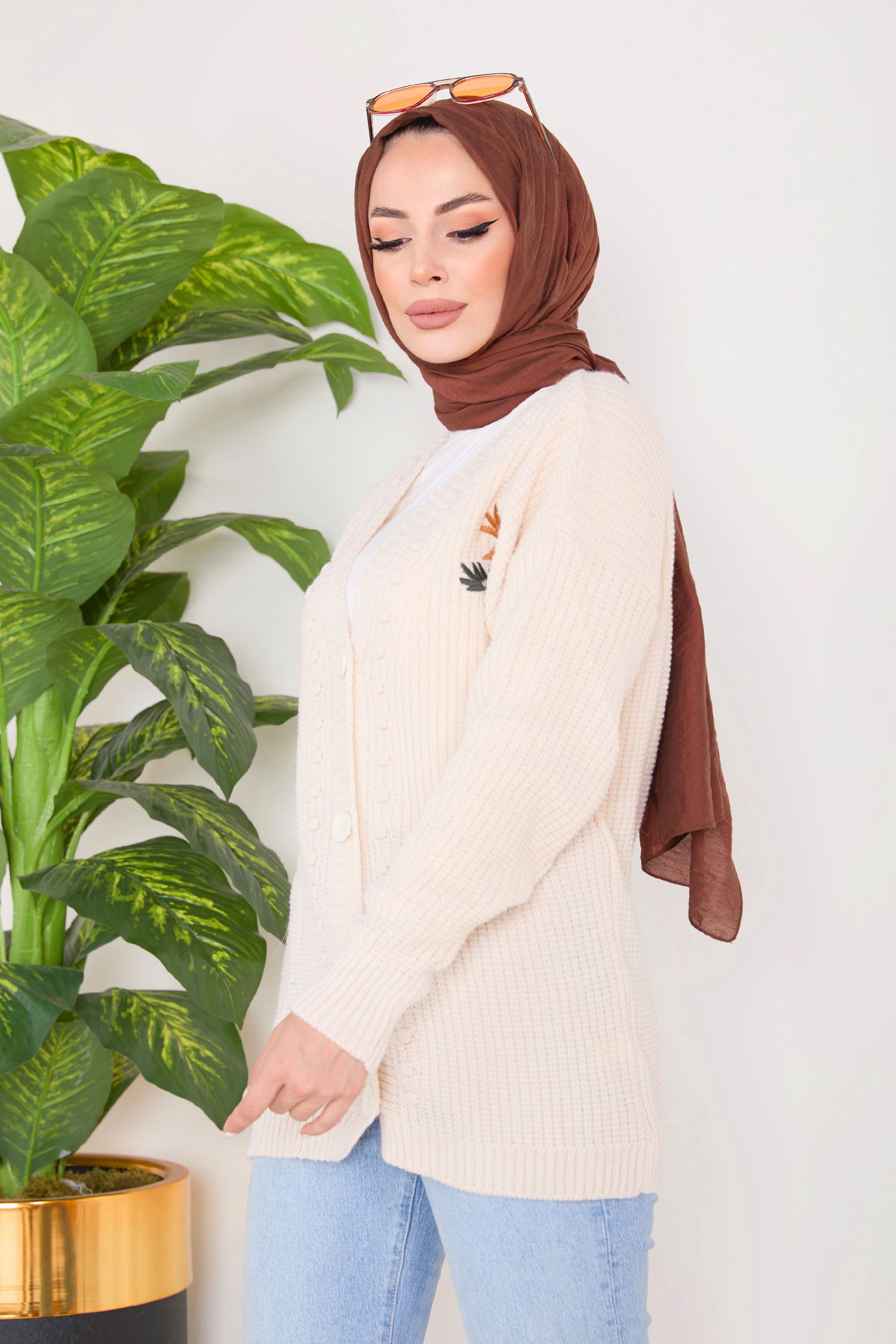 23088-KREM Triko Hırka - 4