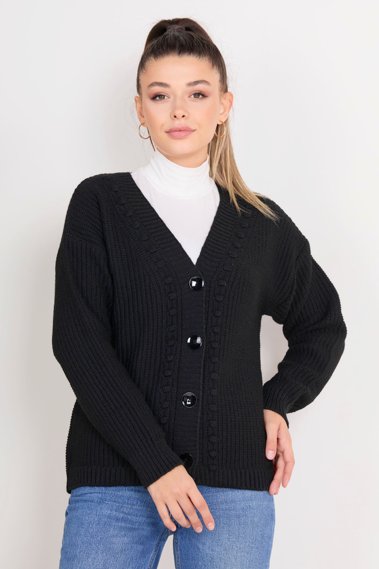 23090-SIYAH Triko Hırka - 1