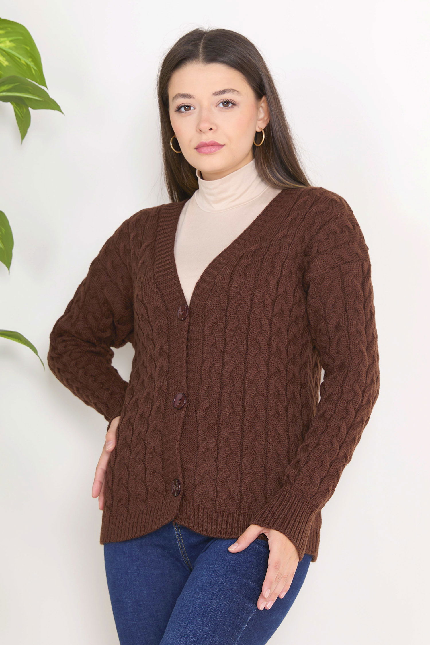 23091-KAHVE Triko Hırka - 1