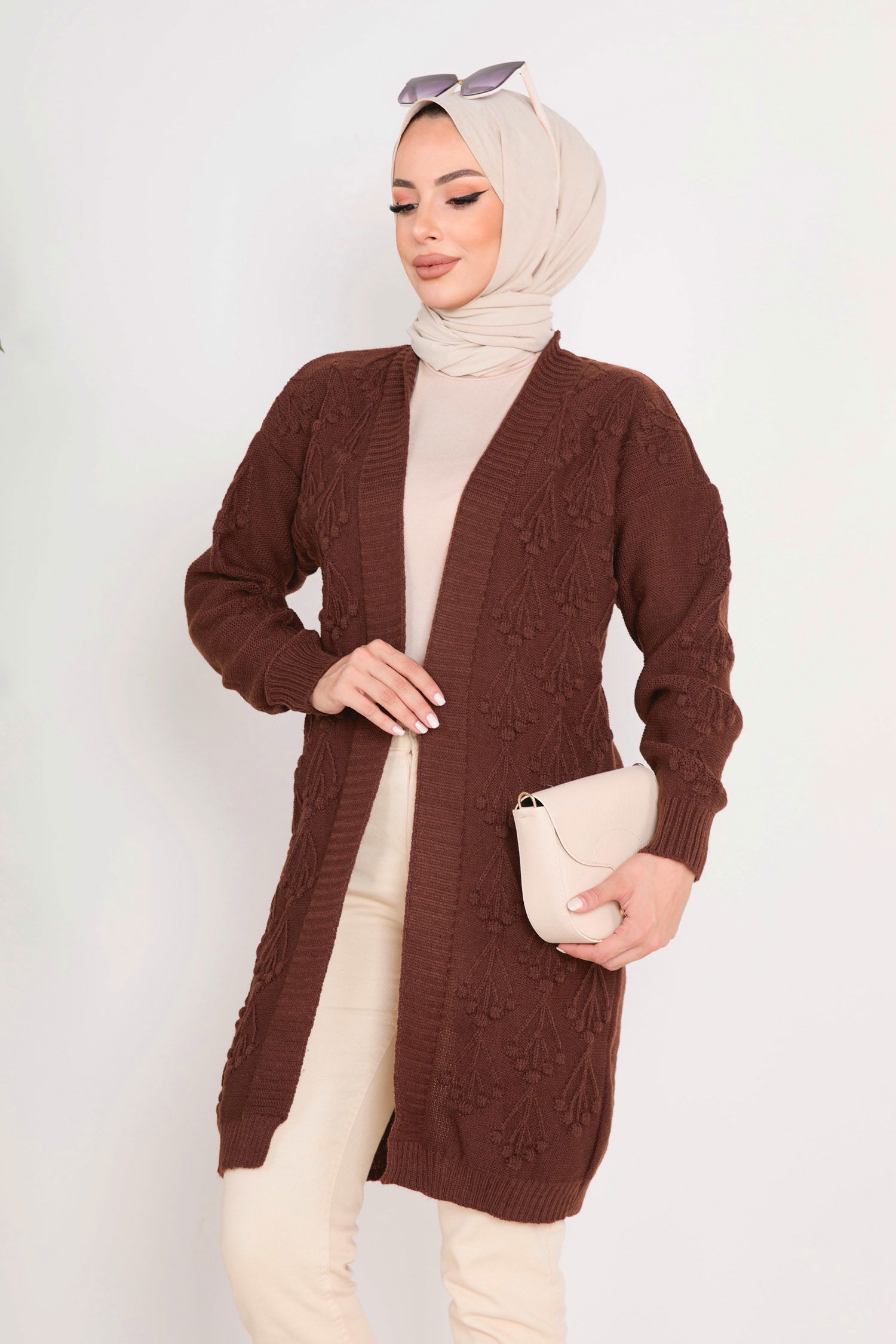 23092-KAHVE Triko Hırka - 4