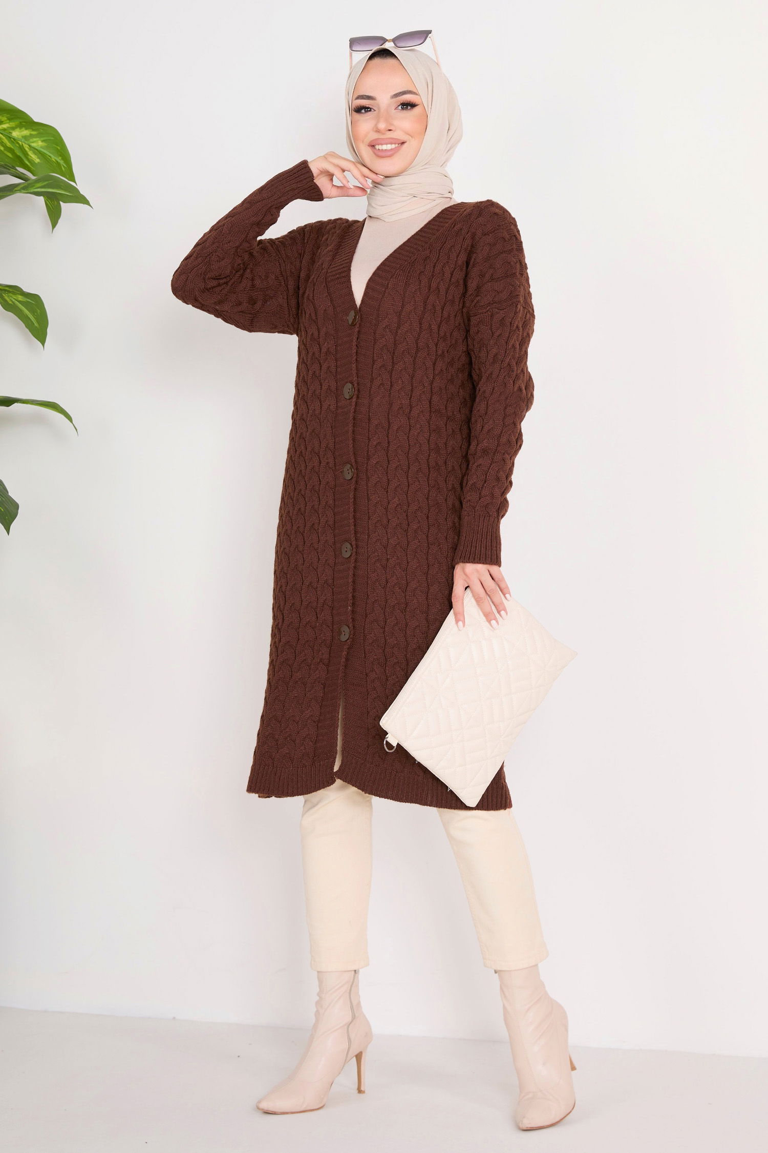 23093-KAHVE Triko Hırka - 1