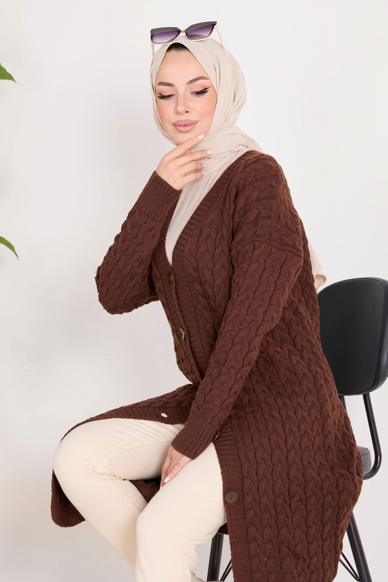 23093-KAHVE Triko Hırka - 4