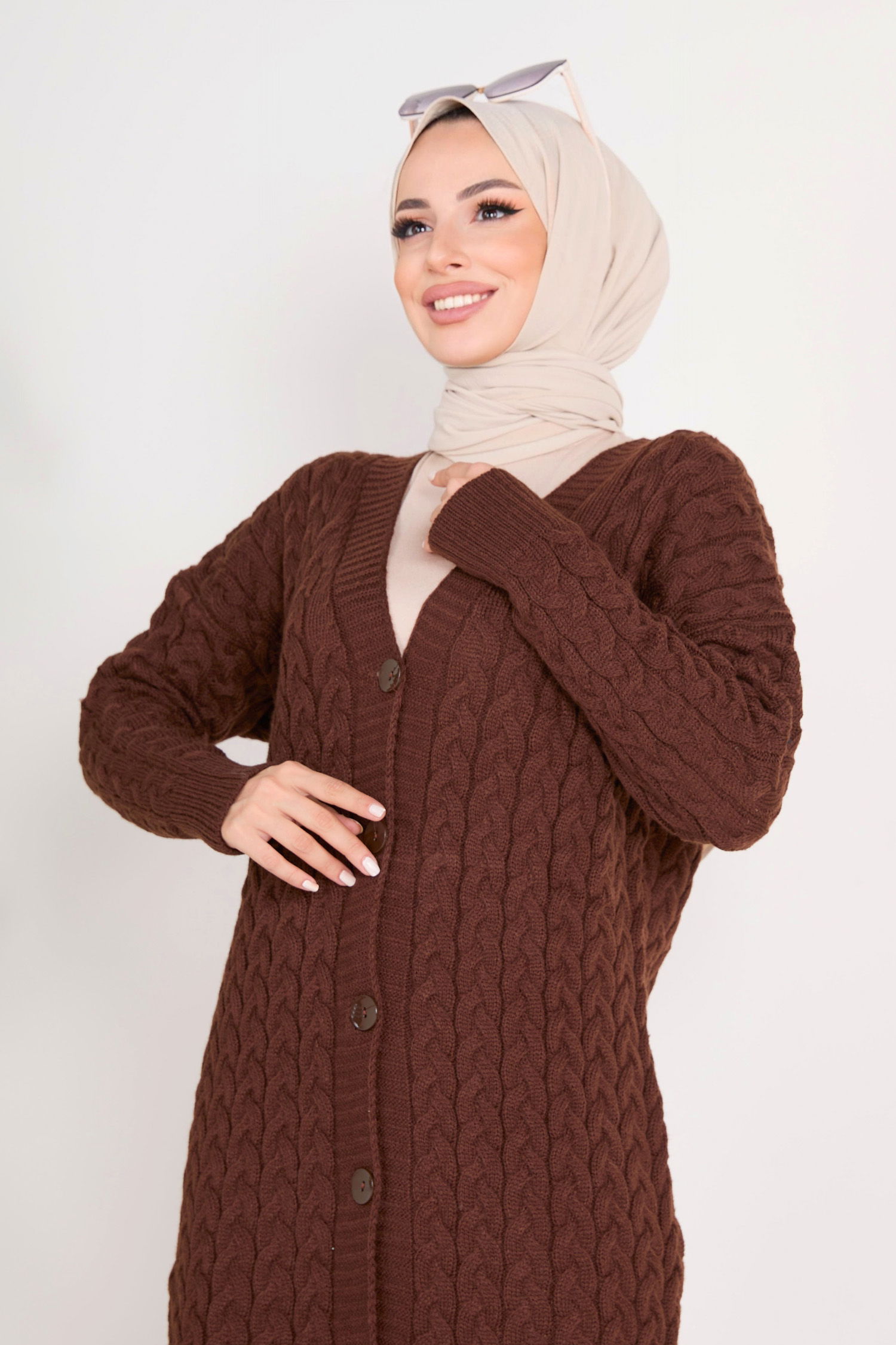 23093-KAHVE Triko Hırka - 5