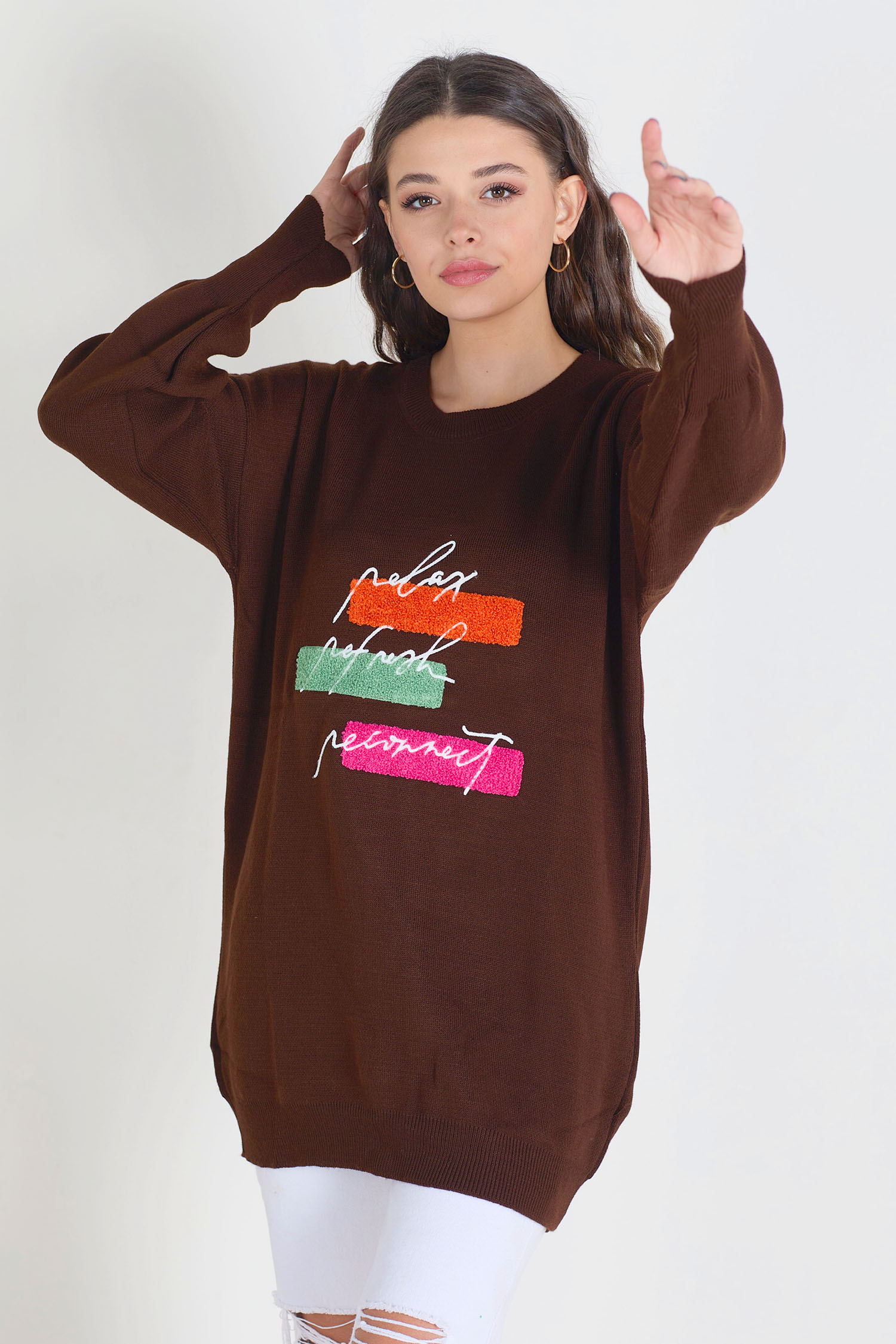 23096-KAHVE Triko Kazak - 4