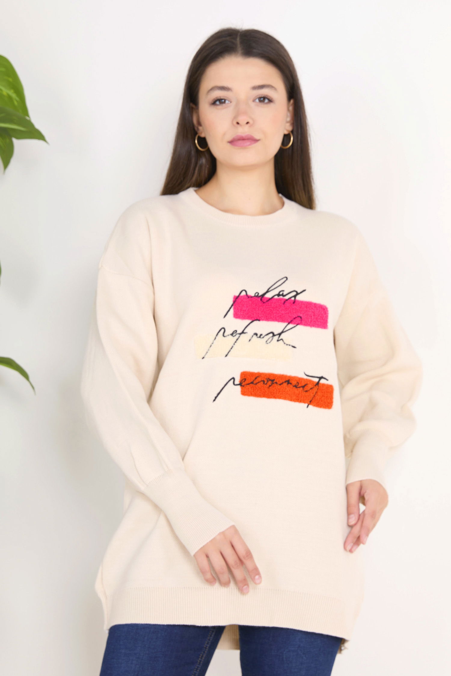 23096-KREM Triko Kazak - 1