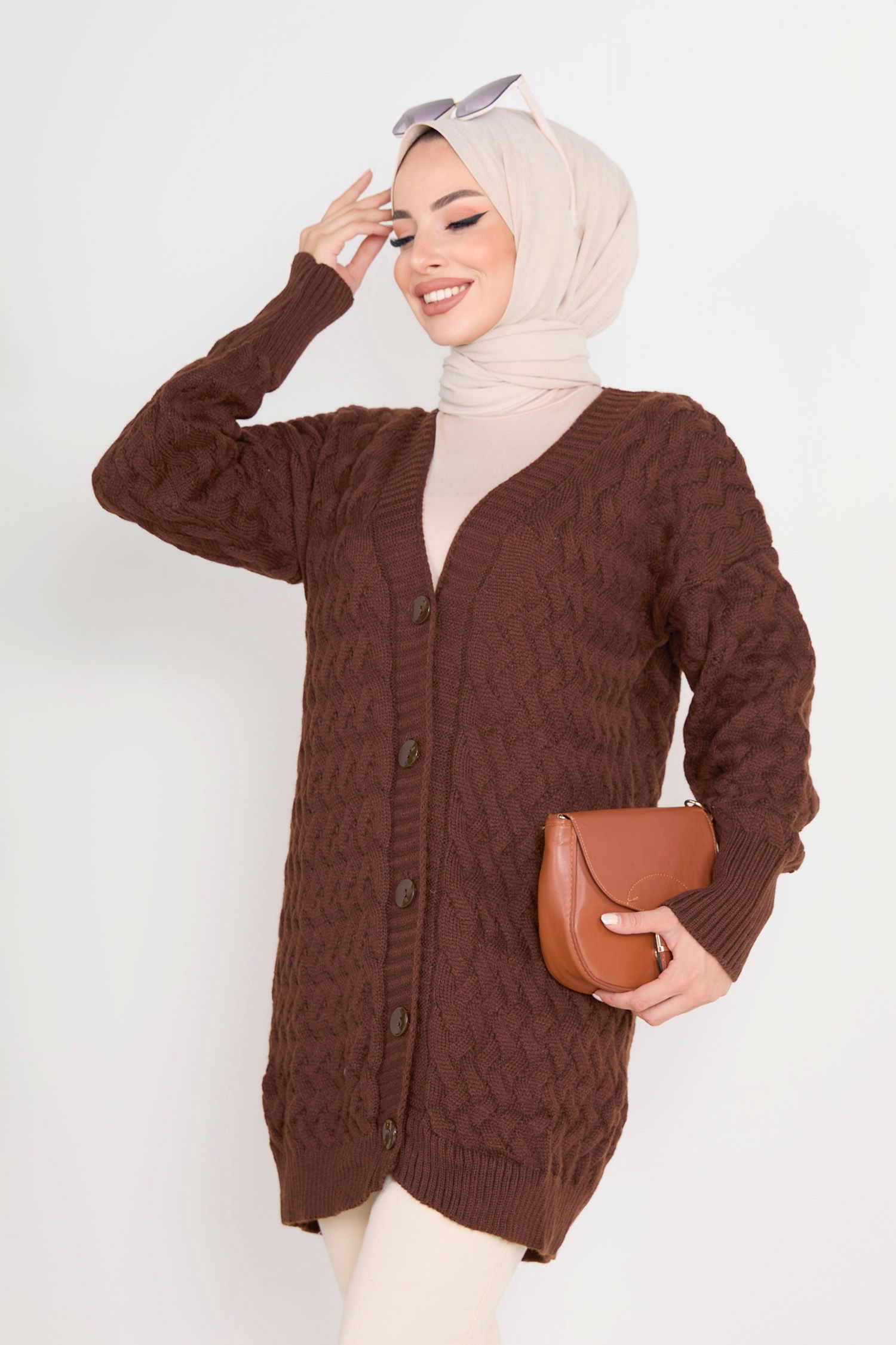 23099-KAHVE Triko Hırka - 6