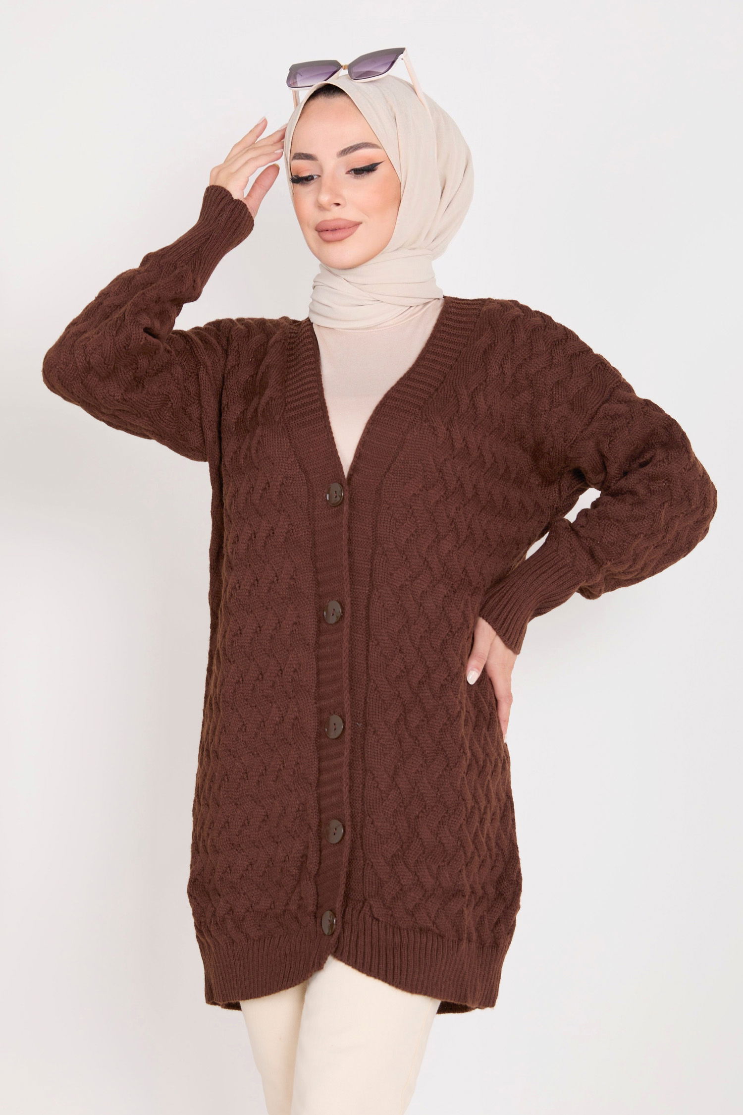 23099-KAHVE Triko Hırka - 3