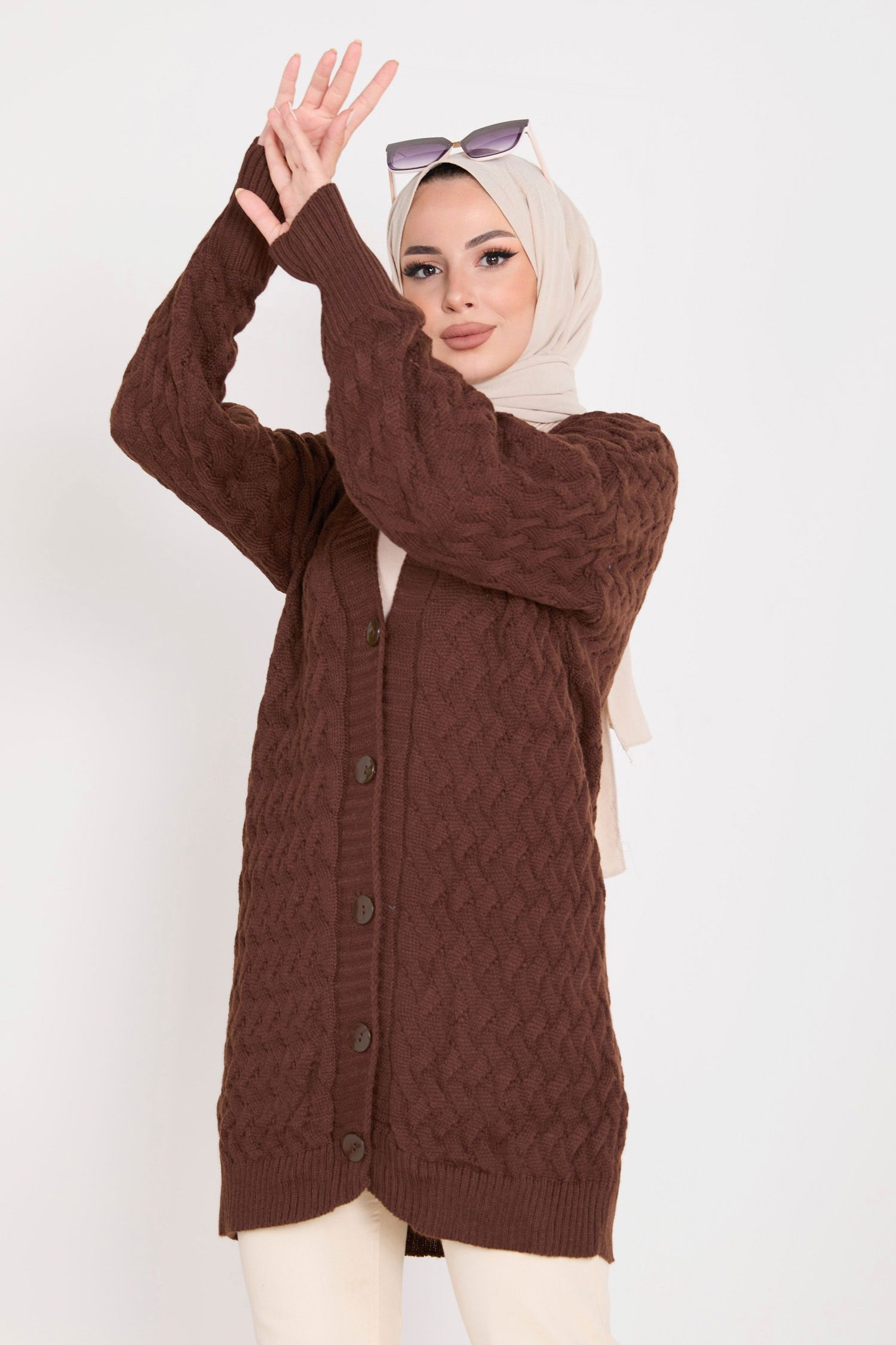 23099-KAHVE Triko Hırka - 4