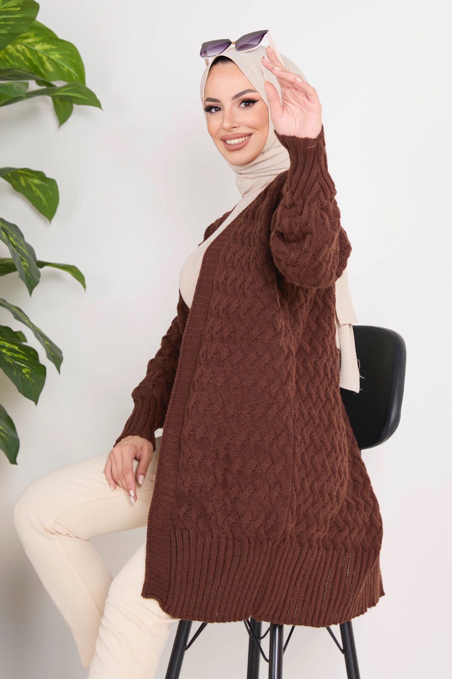 23104-KAHVE Triko Hırka - 2