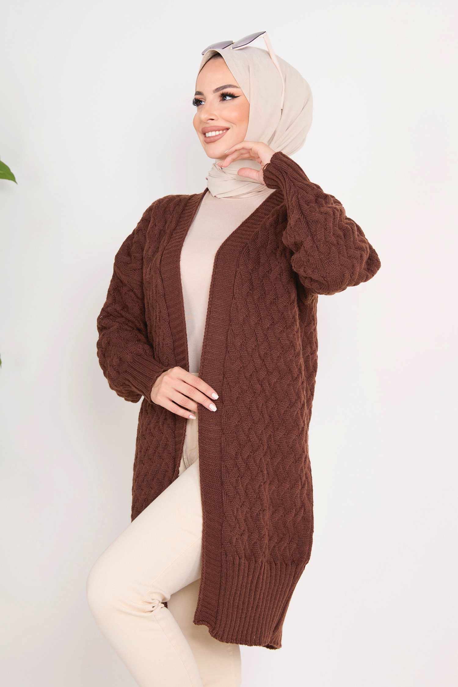 23104-KAHVE Triko Hırka - 4