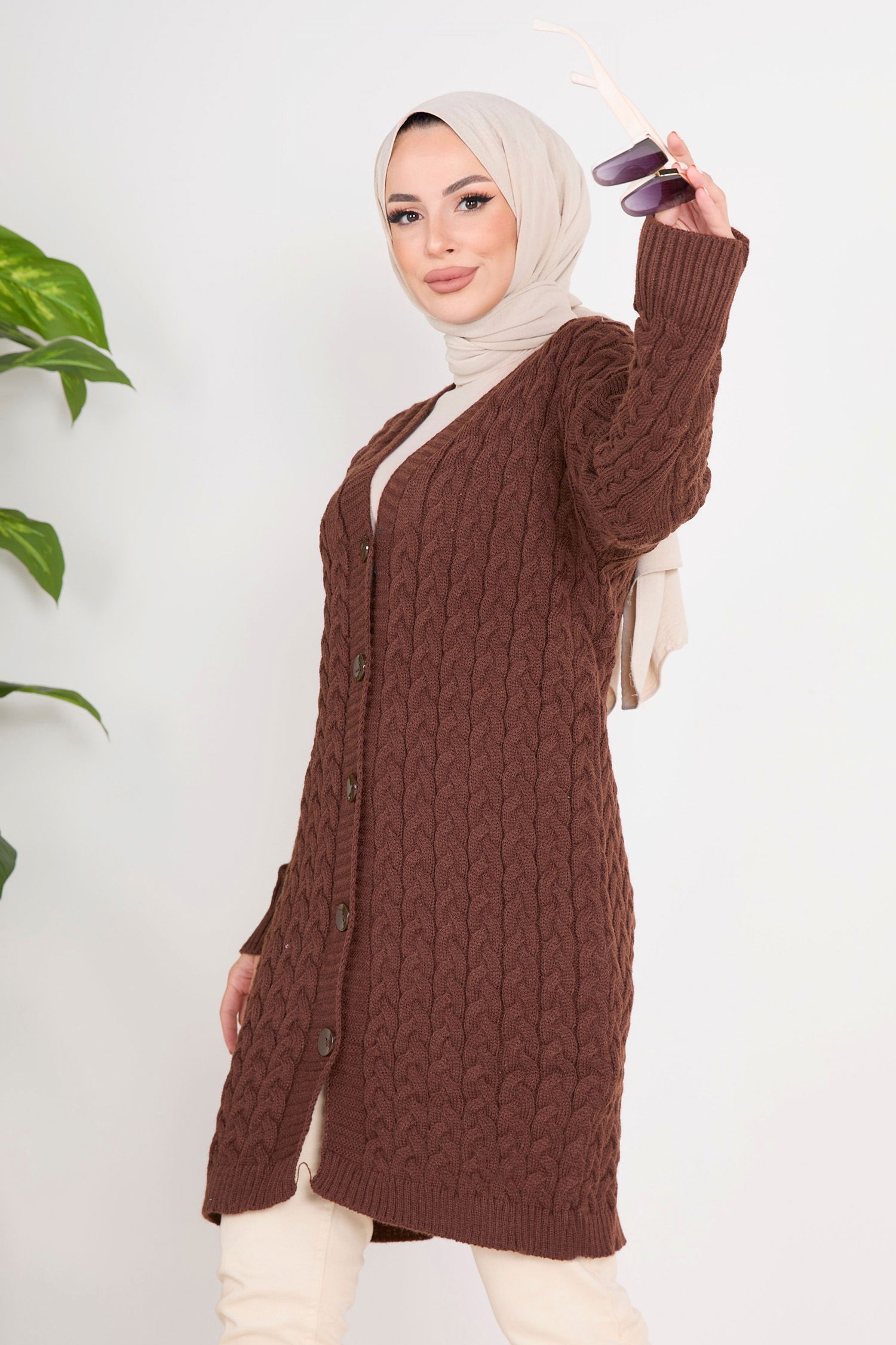 23106-KAHVE Triko Hırka - 13