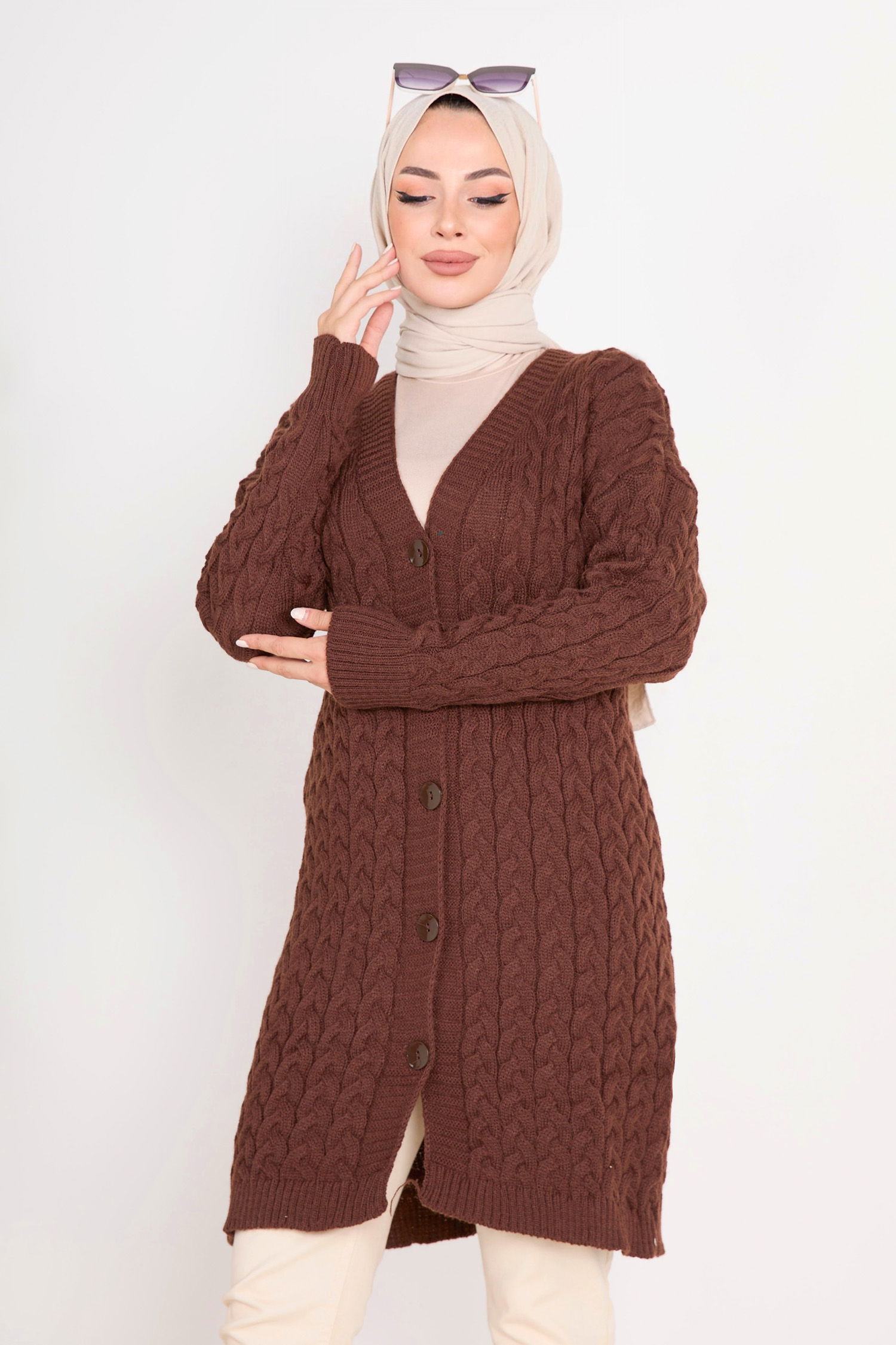 23106-KAHVE Triko Hırka - 8