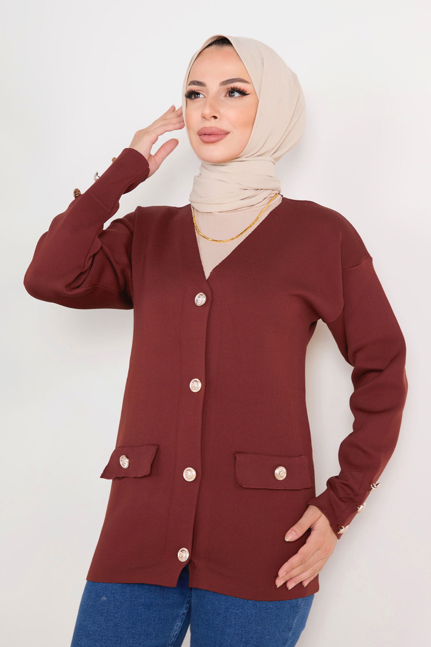 23366-KAHVE Triko Hırka - 3