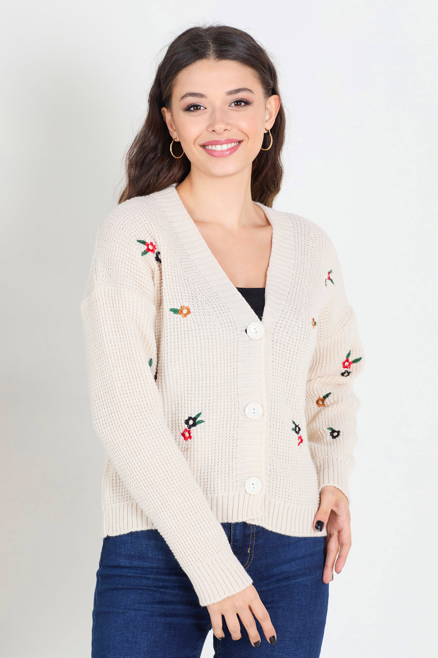 23407-KREM Triko Hırka - 1