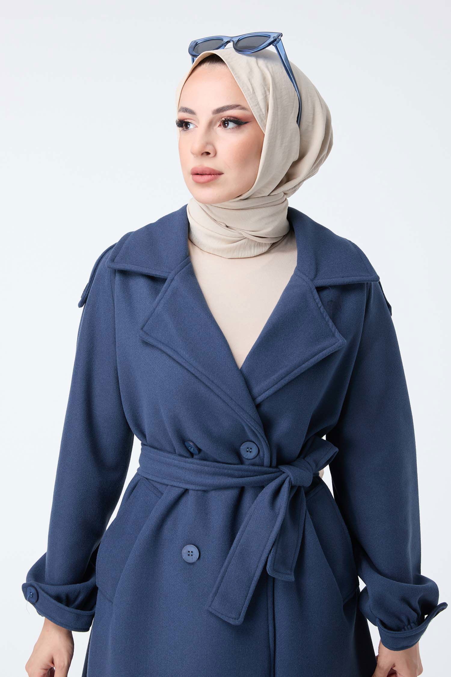 23443-LACIVERT Kemerli Kaşe Kaban - 4