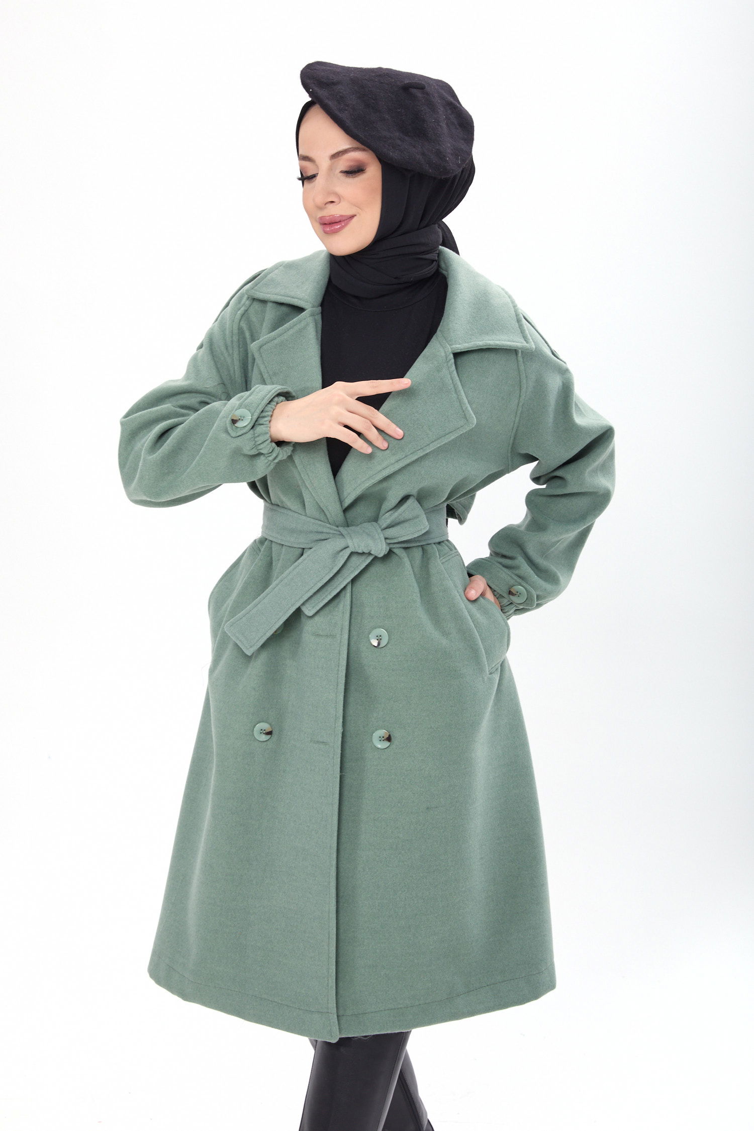 23443-MINT Kemerli Kaşe Kaban - 1