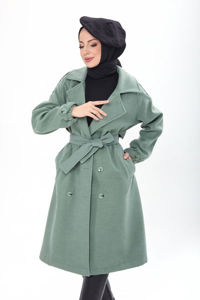 23443-MINT Kemerli Kaşe Kaban 