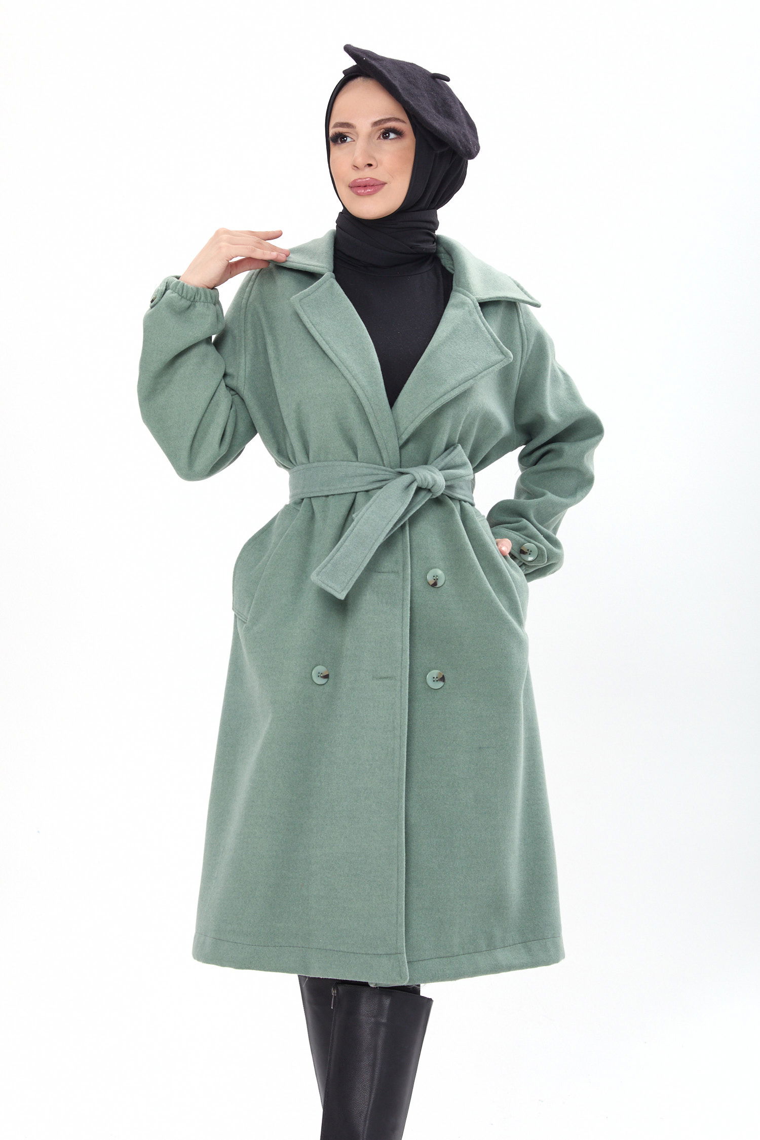 23443-MINT Kemerli Kaşe Kaban - 2