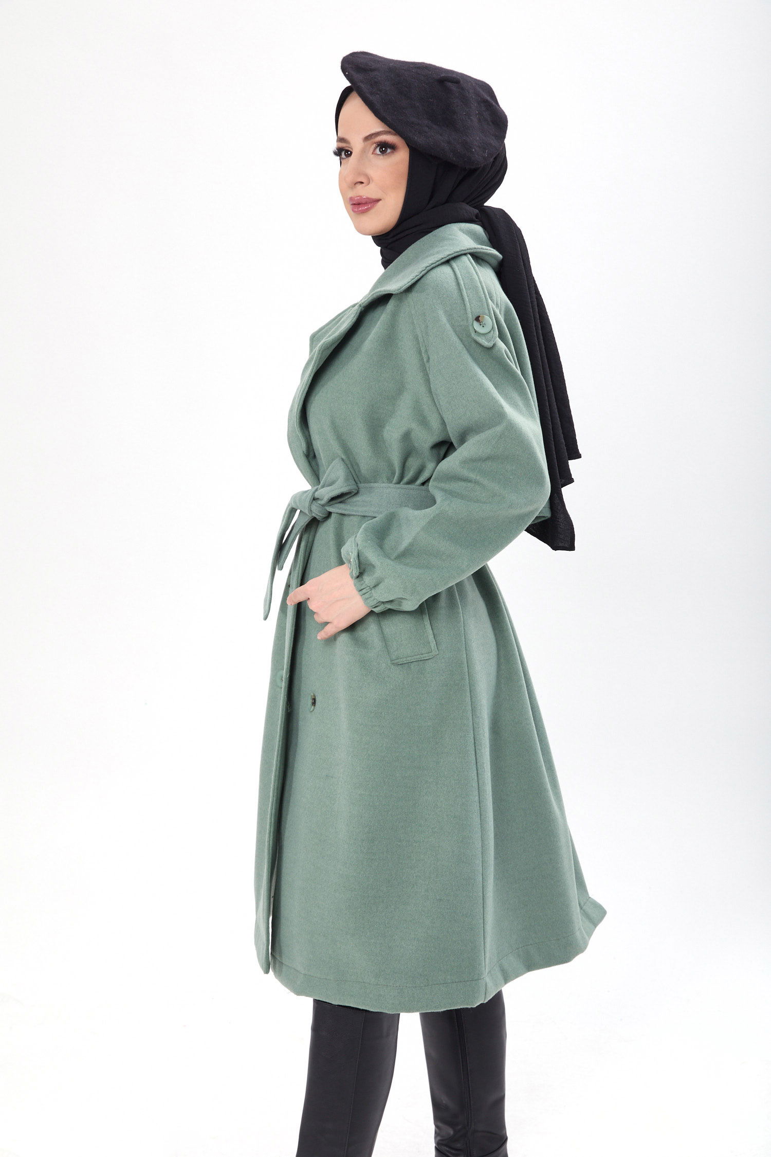 23443-MINT Kemerli Kaşe Kaban - 3