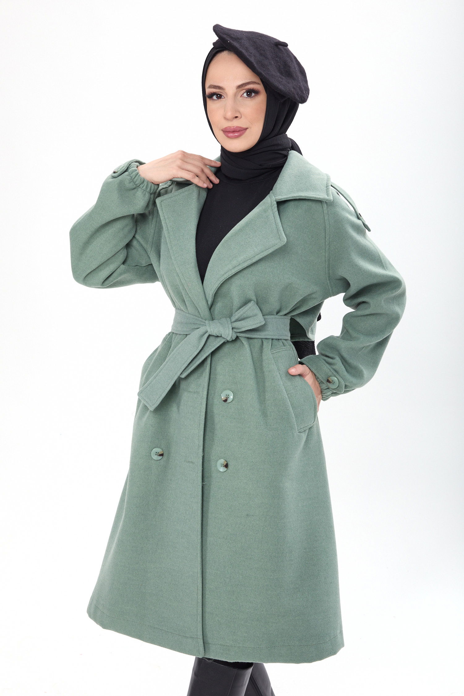 23443-MINT Kemerli Kaşe Kaban - 4