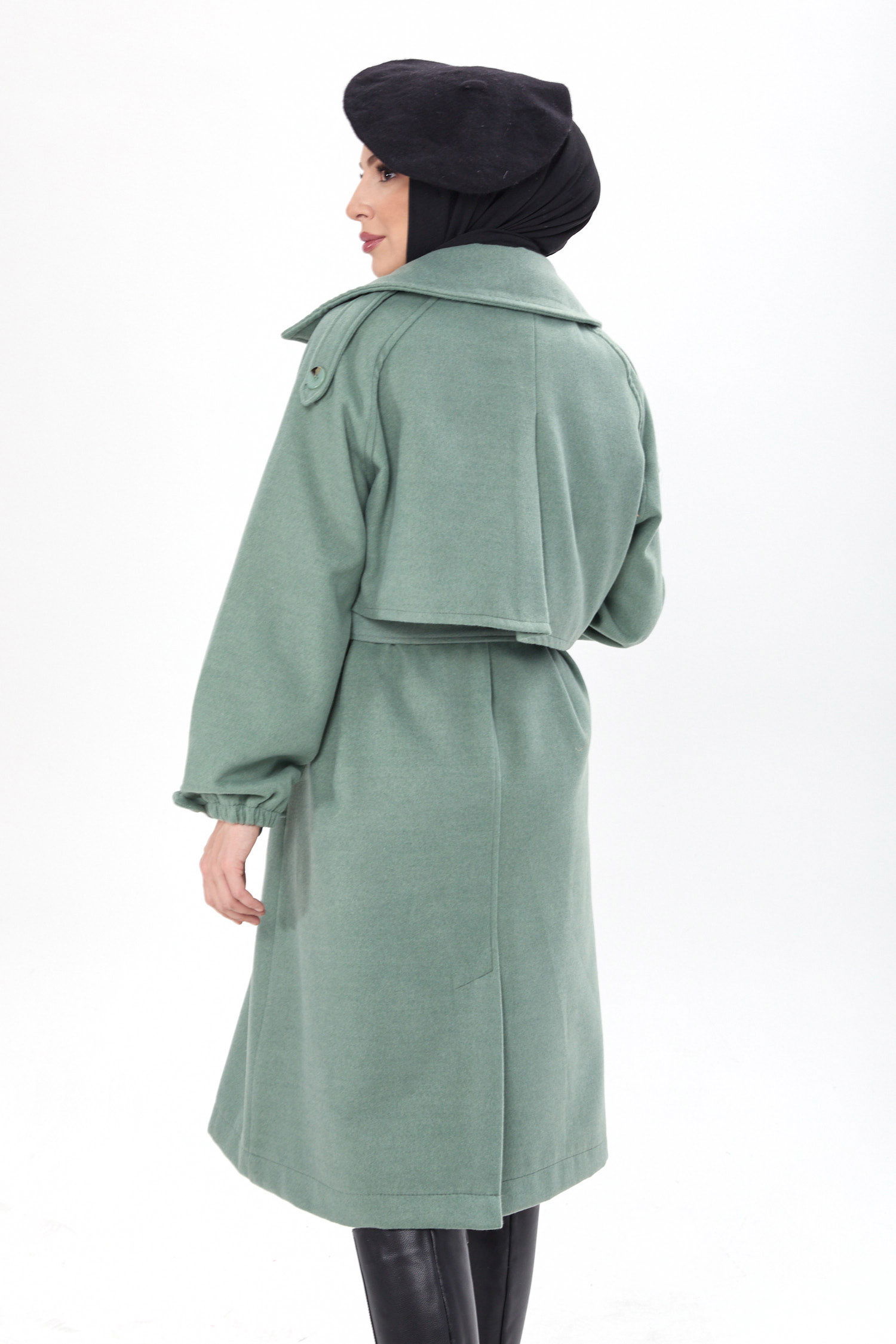 23443-MINT Kemerli Kaşe Kaban - 5