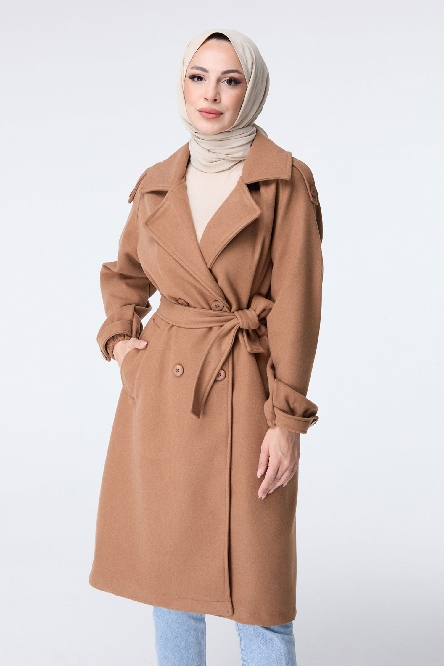 23443-TABA Kemerli Kaşe Kaban - 4