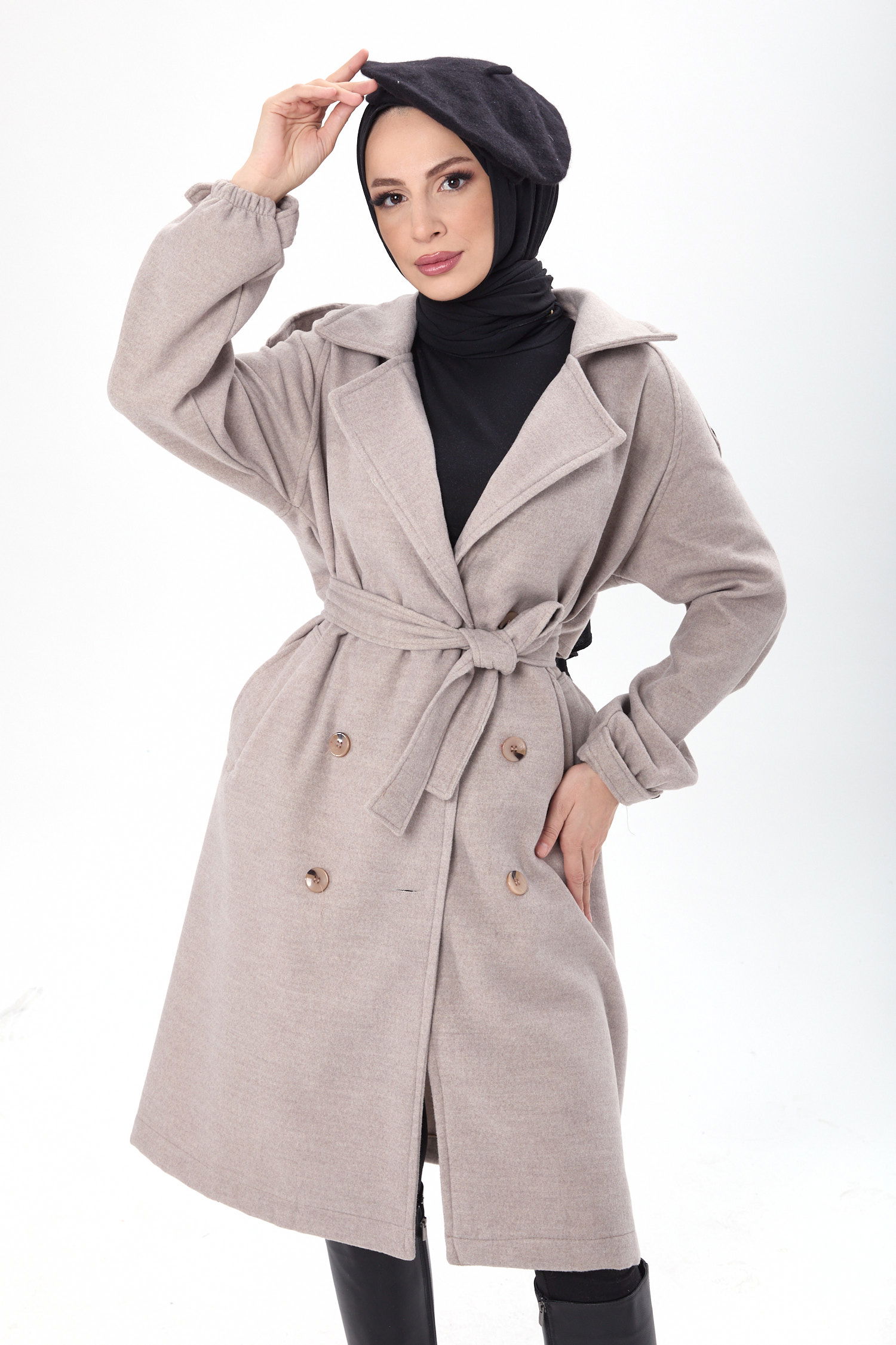 23443-TAS Kemerli Kaşe Kaban - 2
