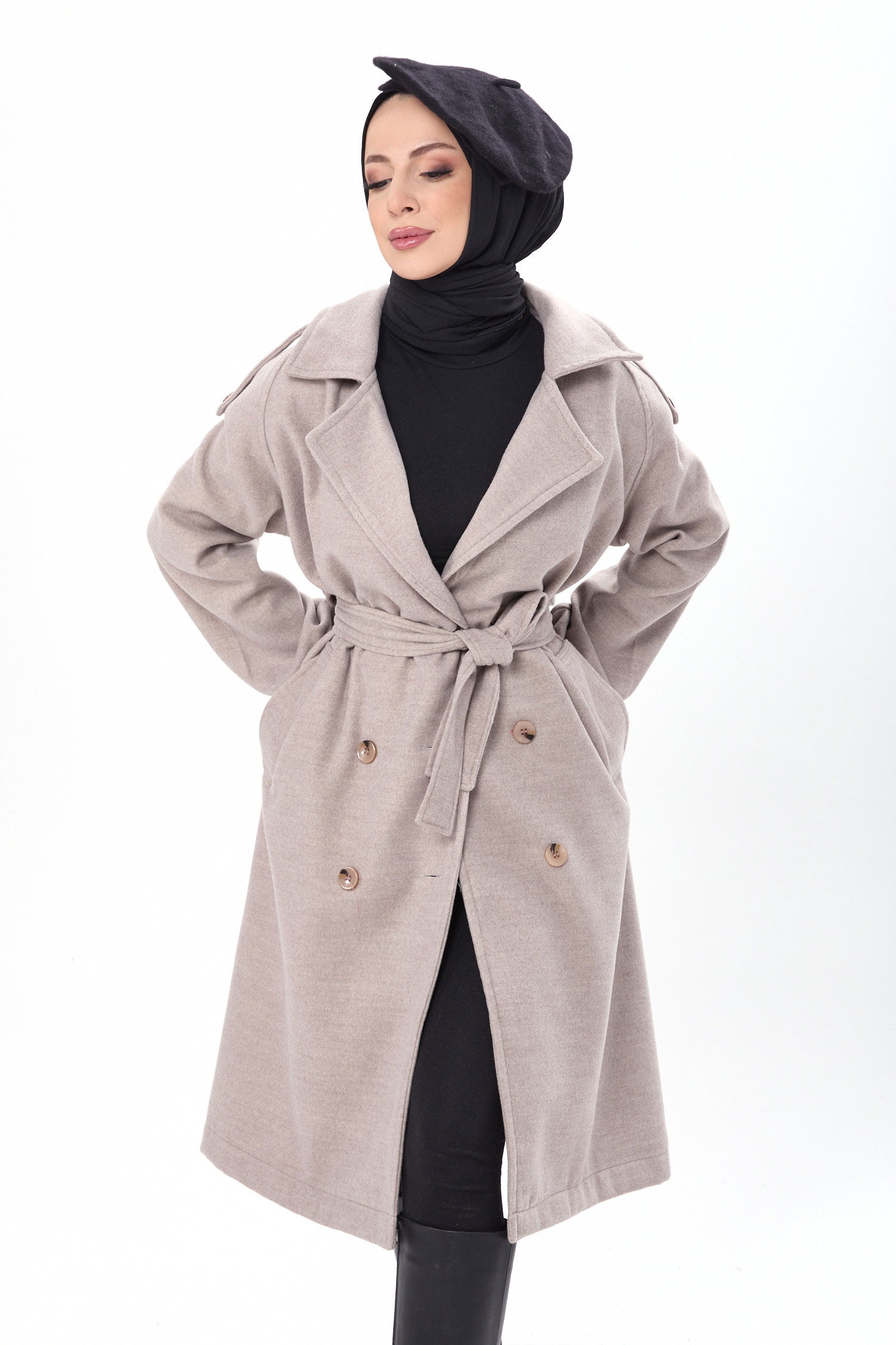 23443-TAS Kemerli Kaşe Kaban - 4