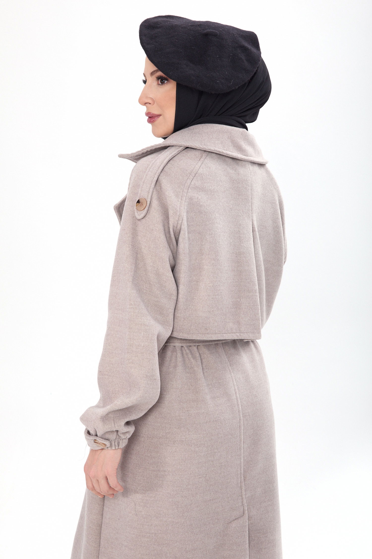 23443-TAS Kemerli Kaşe Kaban - 5