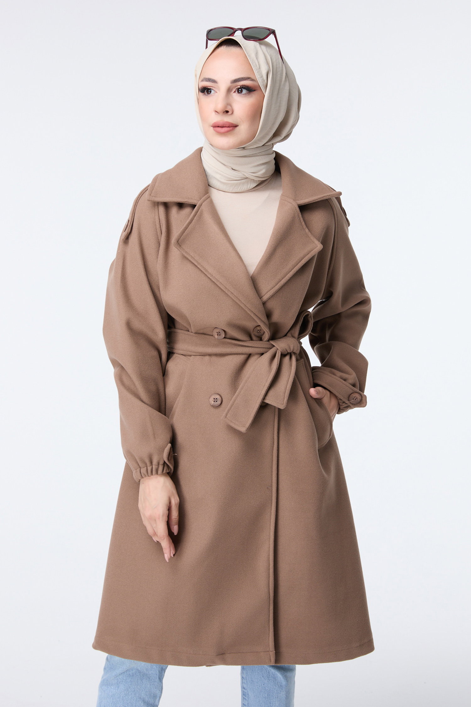 23443-VIZON Kemerli Kaşe Kaban - 4