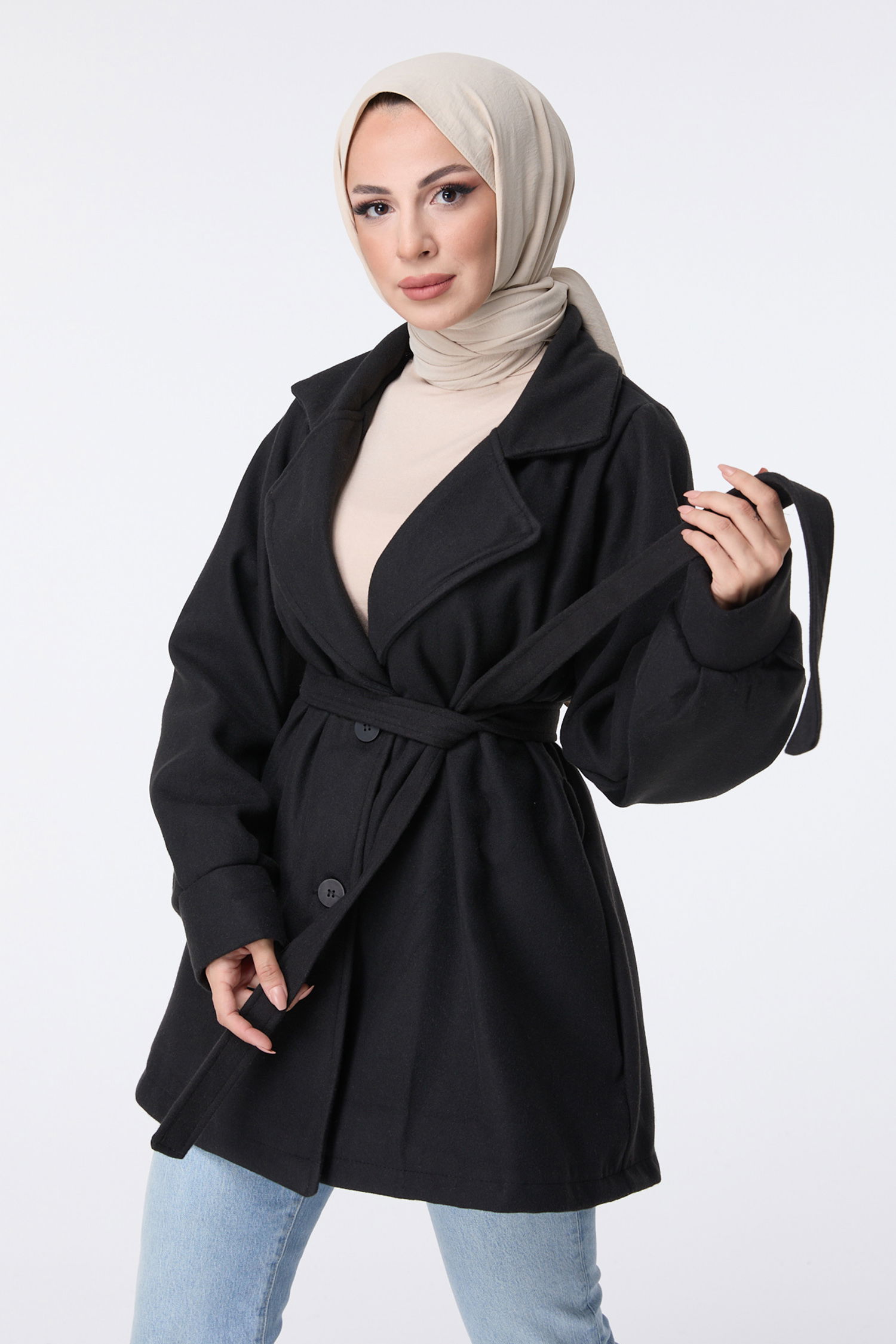 23453-SIYAH Kaşe Kaban - 3
