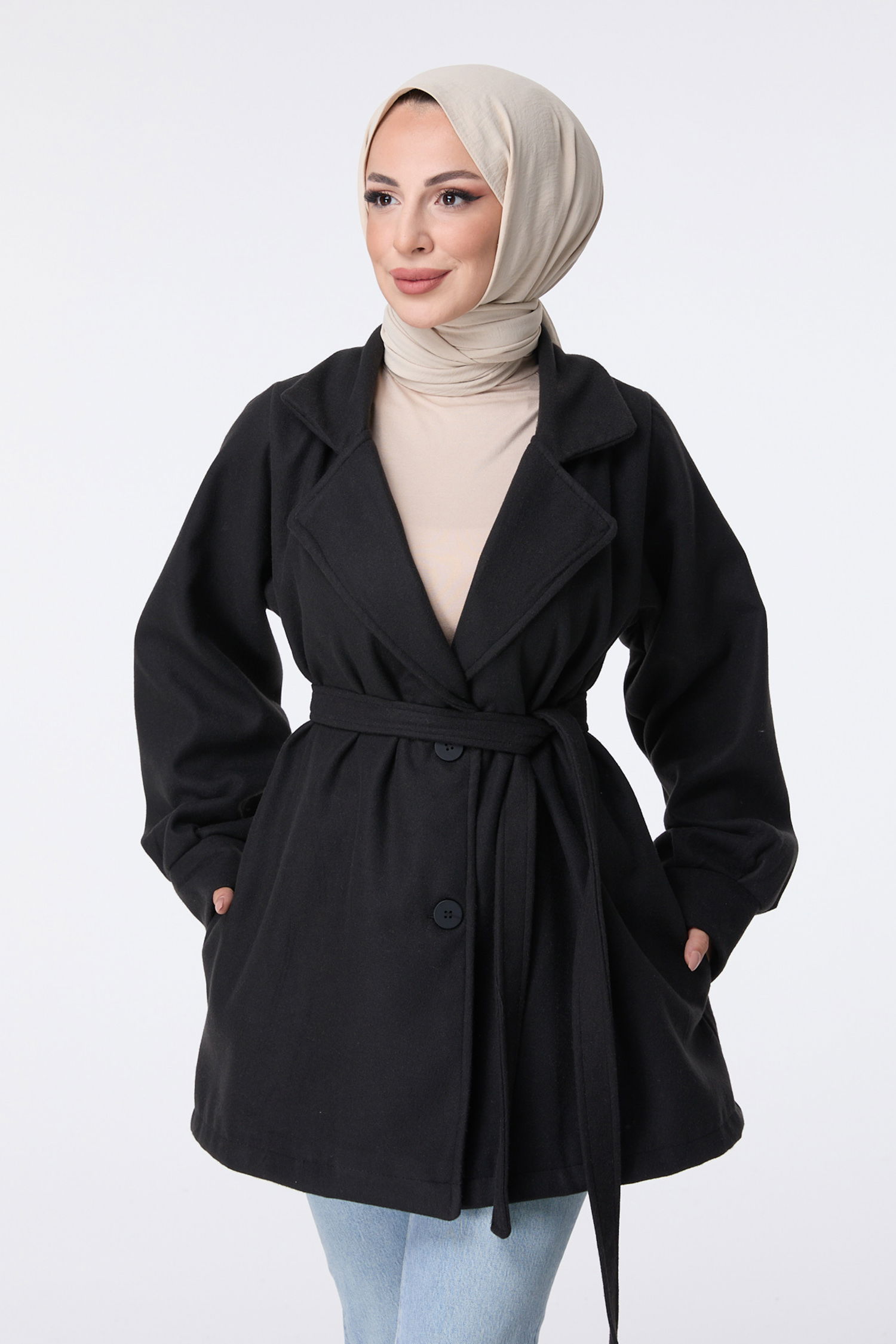 23453-SIYAH Kaşe Kaban - 4