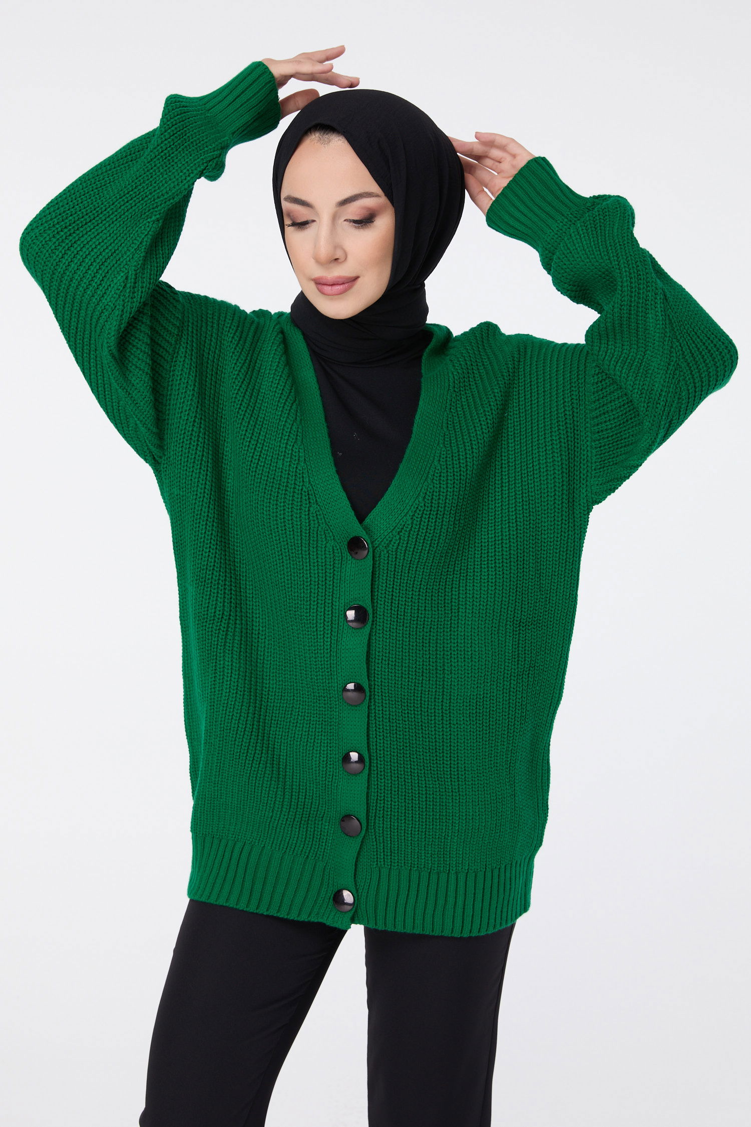 23519-YESIL Triko Hırka - 1