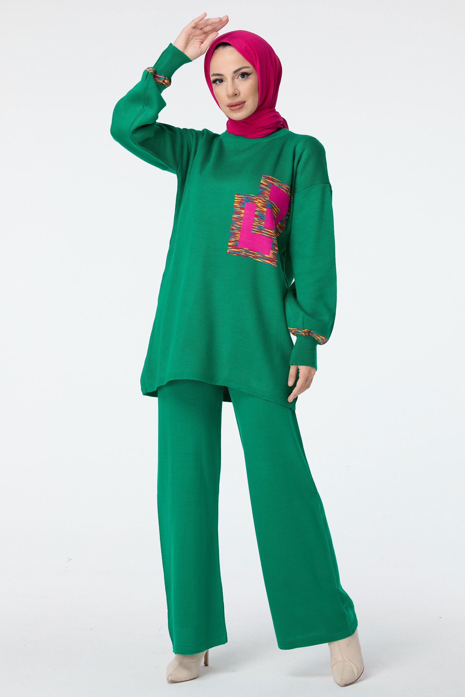 23524-YESIL Triko Tunik Pantolon - 1