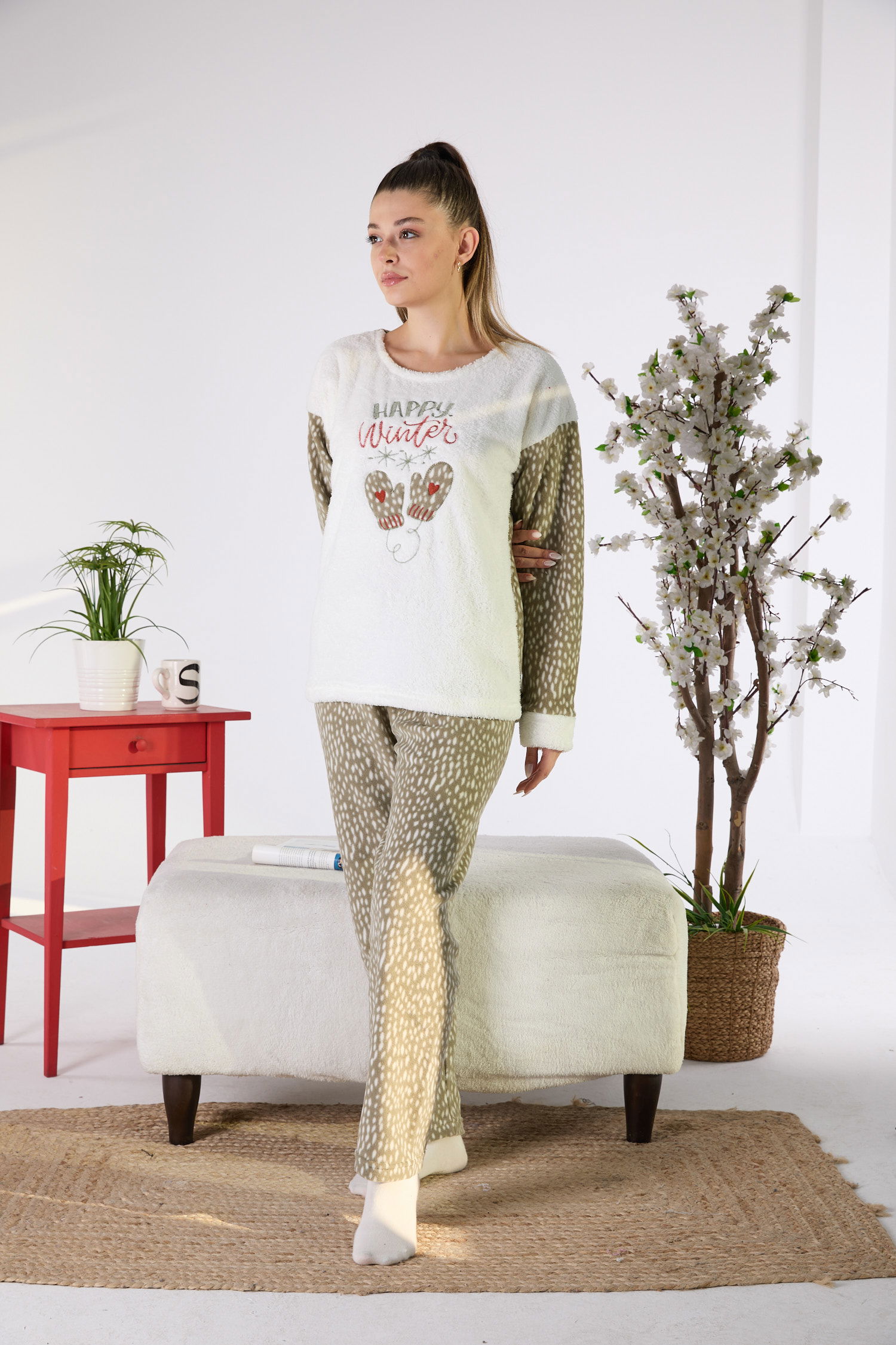 23549-HAKI Peluş Pijama Takımı - 6