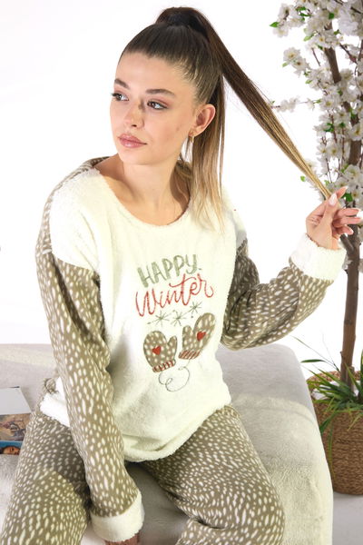 23549-HAKI Peluş Pijama Takımı 