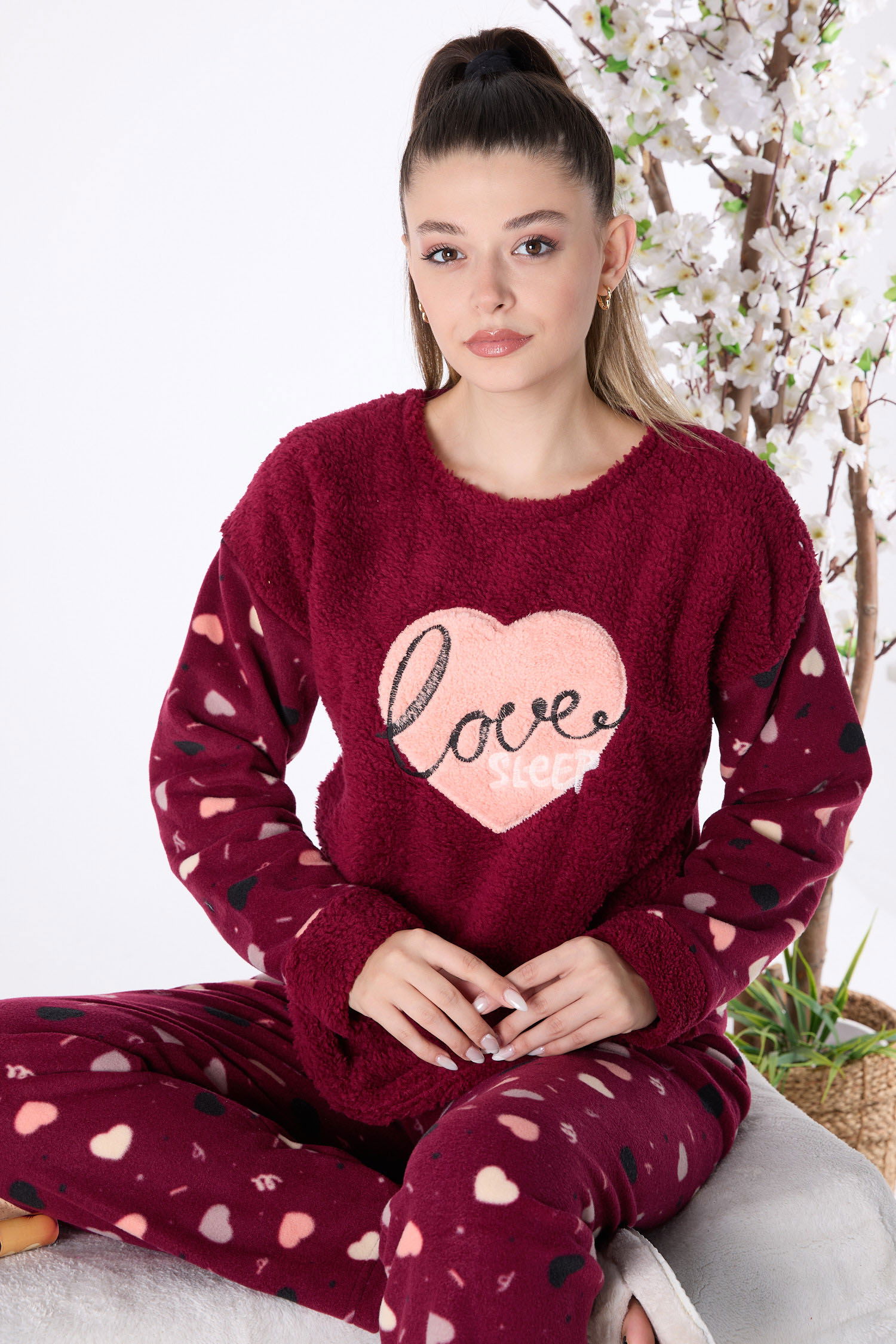 23557-BORDO Peluş Pijama Takımı - 1