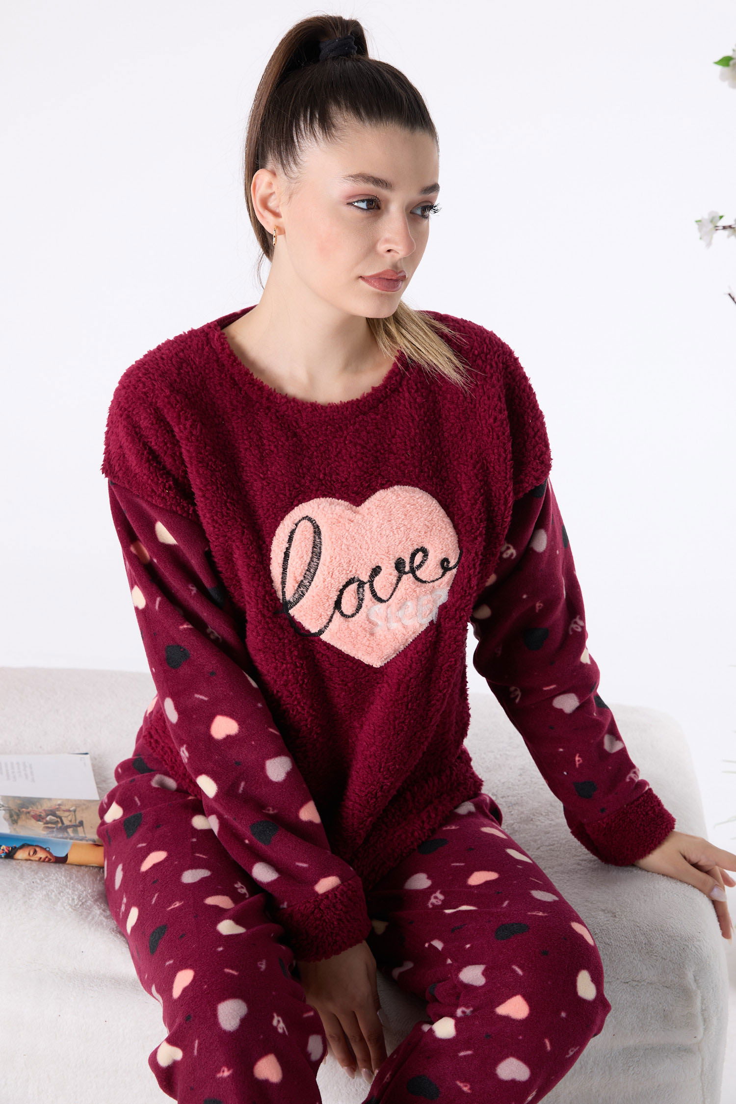 23557-BORDO Peluş Pijama Takımı - 2