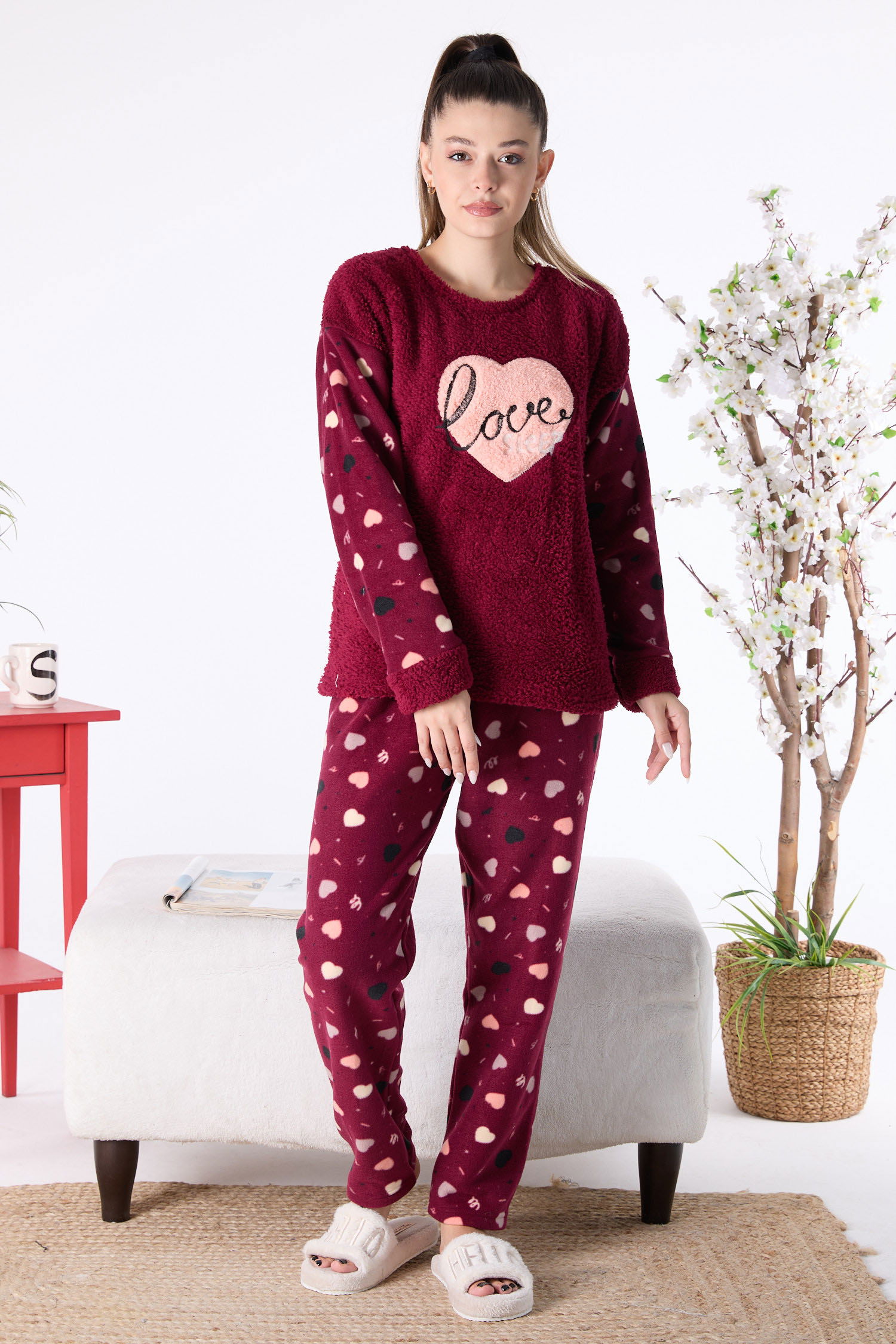 23557-BORDO Peluş Pijama Takımı - 3