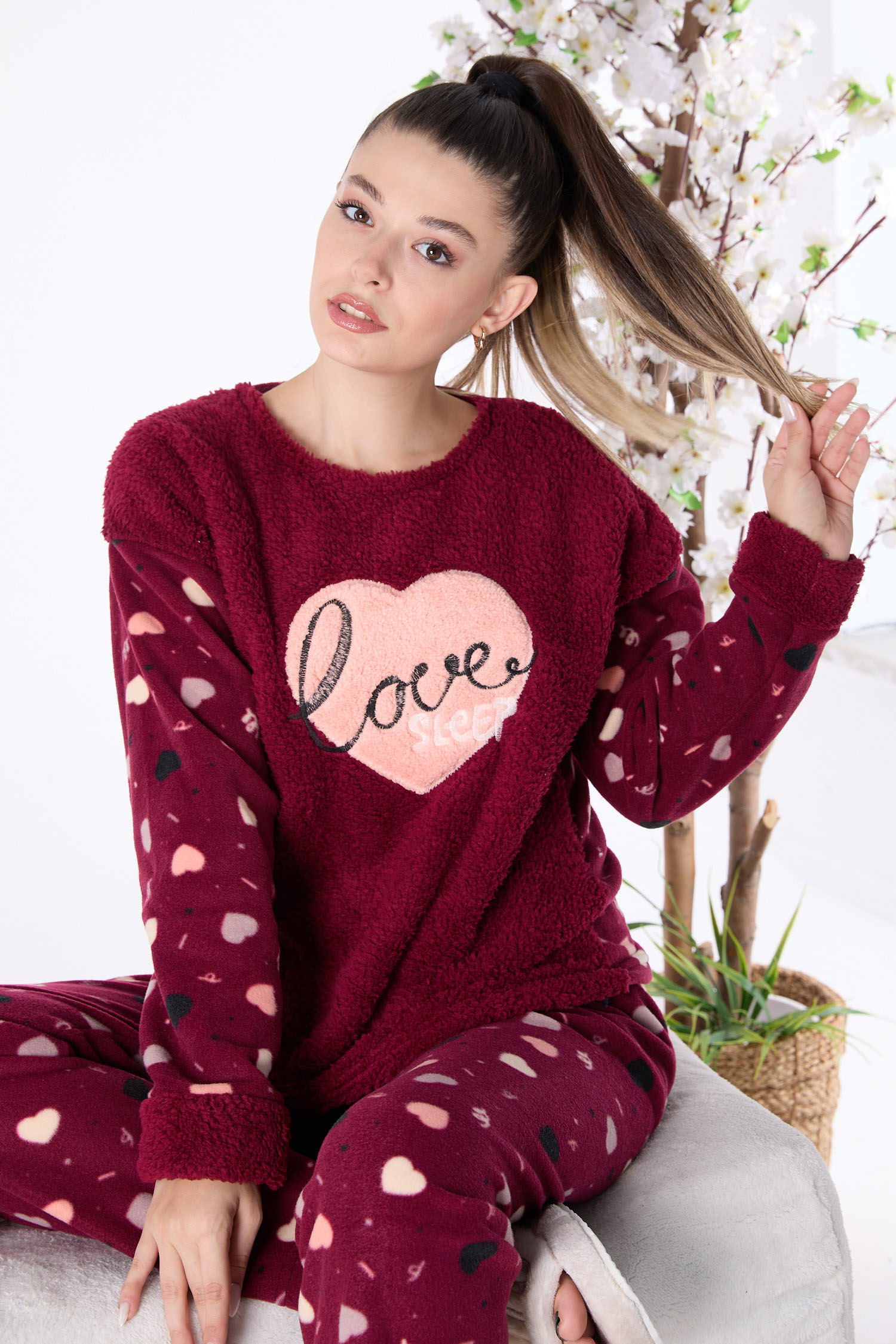 23557-BORDO Peluş Pijama Takımı - 4