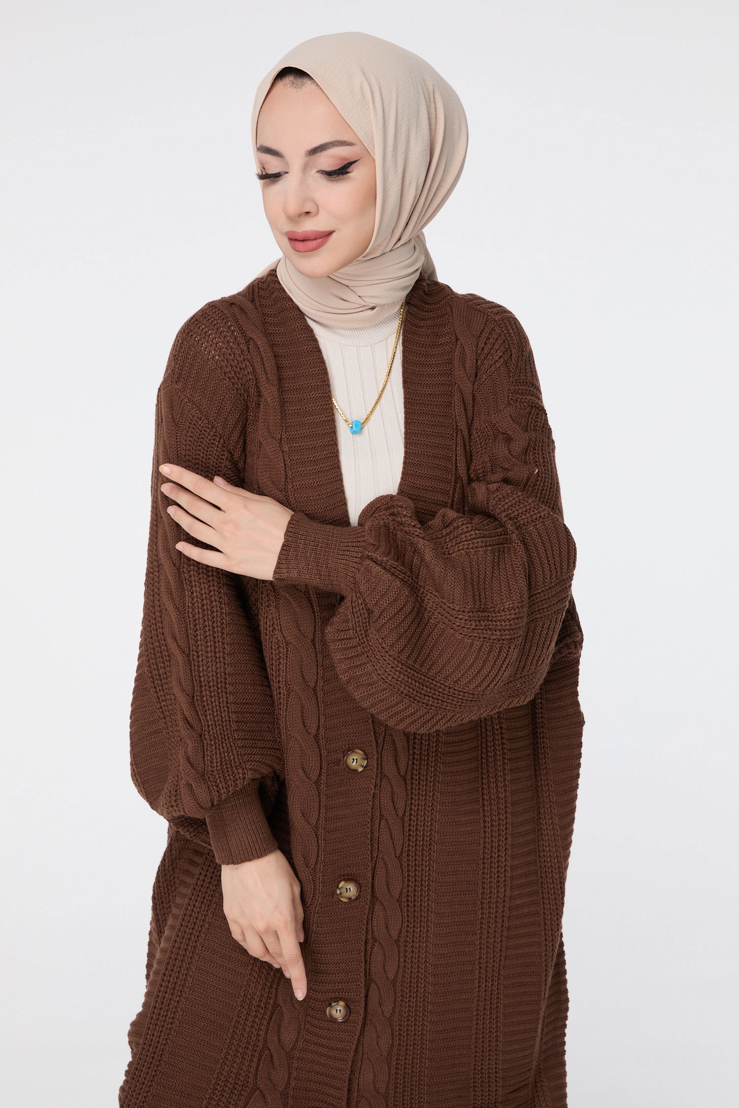 23593-KAHVE Saç Örgülü Uzun Triko Hırka - 4