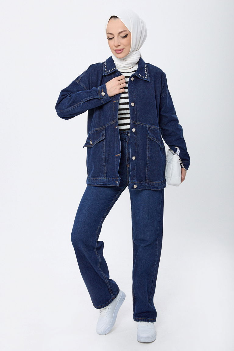 Yakası Taş Detaylı Kot Ceket Koyu Mavi - 23622 - TOFİSA