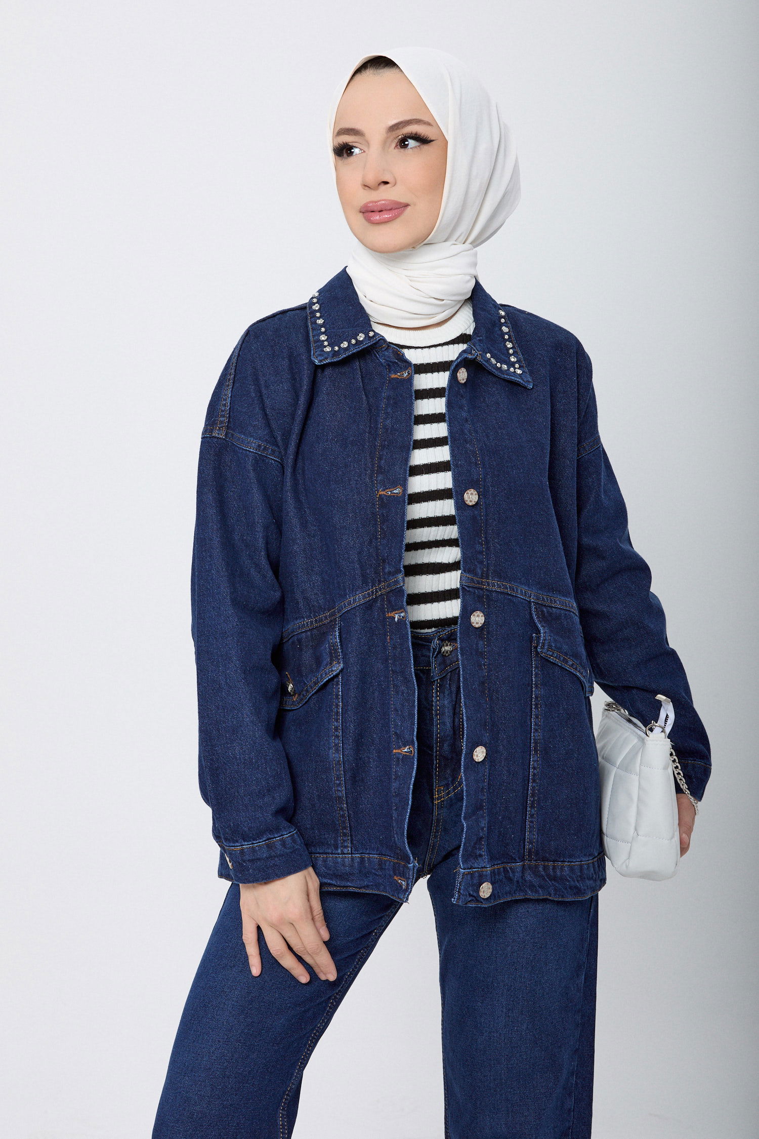 Yakası Taş Detaylı Kot Ceket Koyu Mavi - 23622 - 3