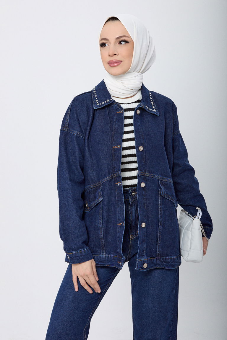 Yakası Taş Detaylı Kot Ceket Koyu Mavi - 23622 - TOFİSA