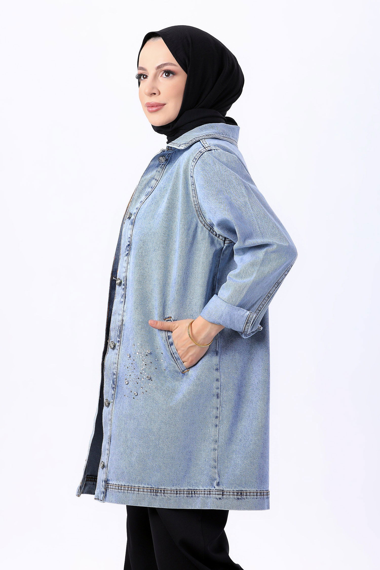 Flotalı Kot Ceket Buz Mavi Kar - 23623 - 3
