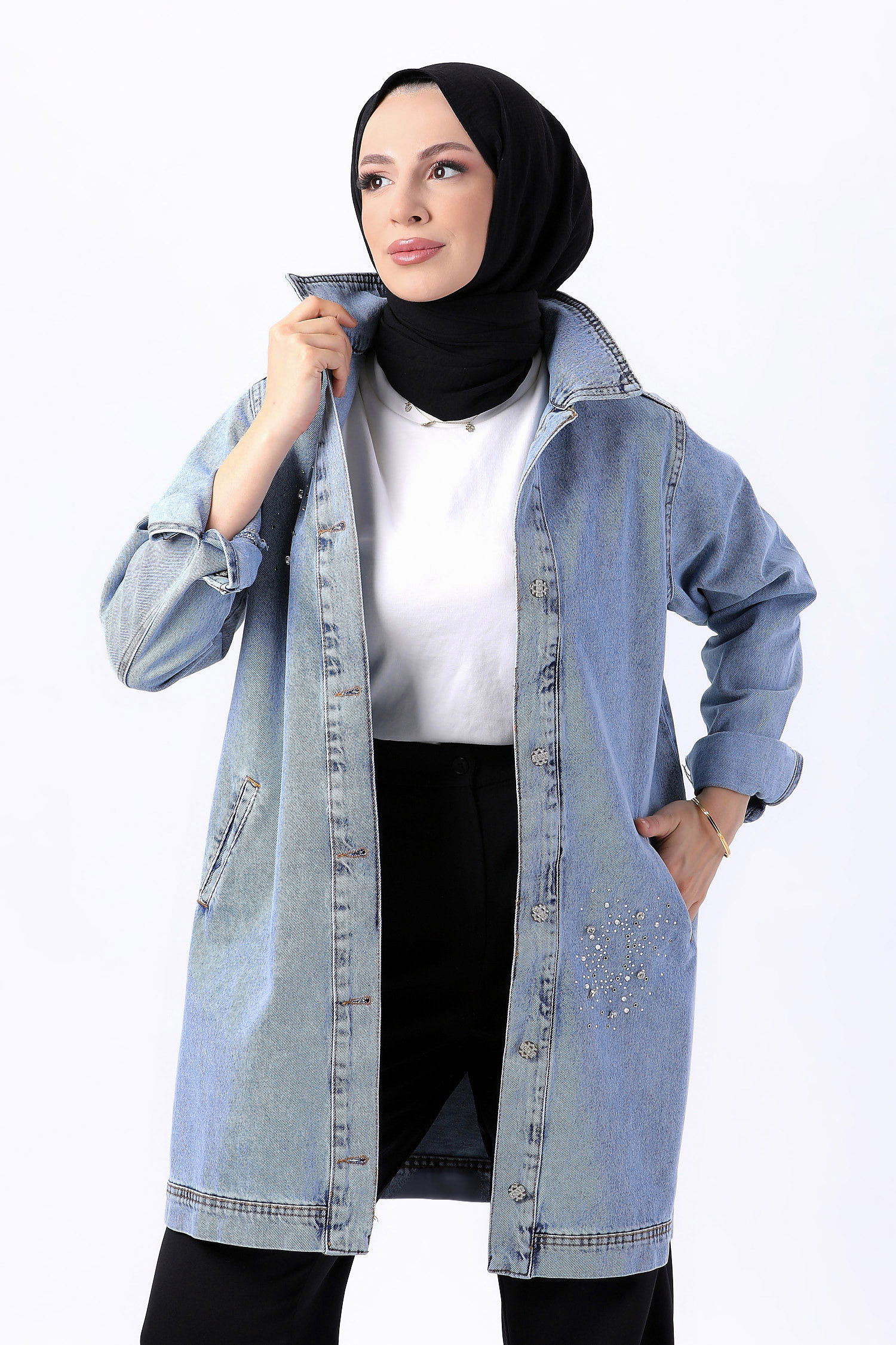 Flotalı Kot Ceket Buz Mavi Kar - 23623 - 4