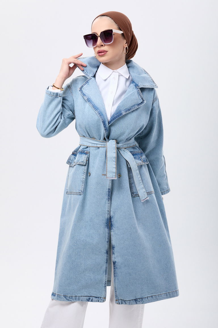 23624-BUZ-MAVI-KAR Kemerli Yanları Cepli Kot Trençkot - TOFİSA