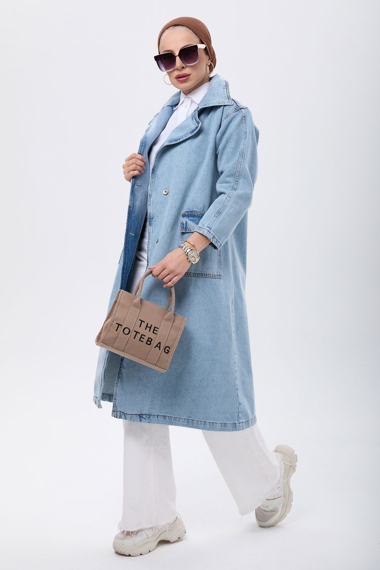 23624-BUZ-MAVI-KAR Kemerli Yanları Cepli Kot Trençkot - TOFİSA