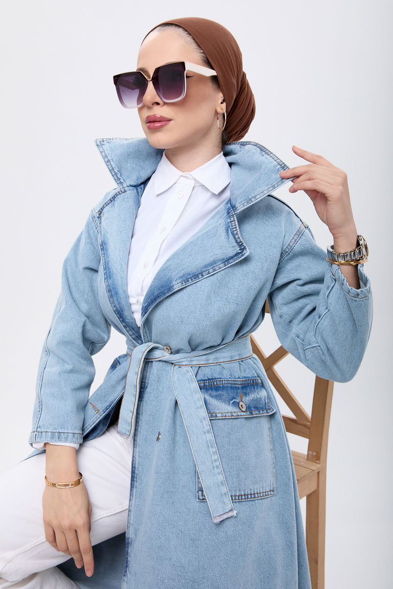 23624-BUZ-MAVI-KAR Kemerli Yanları Cepli Kot Trençkot - TOFİSA